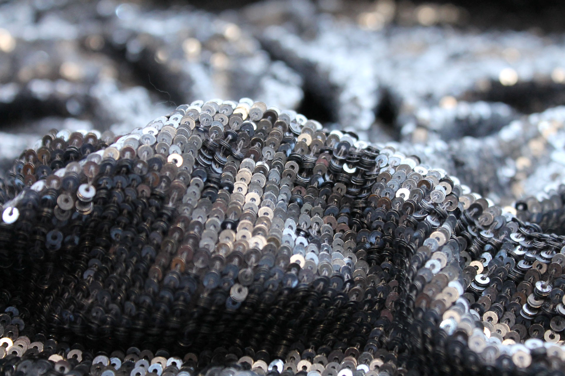 Overlapping Micro Sequin On Silk Chiffon - Blue Grey on Grey fabric, image 6 of 6
