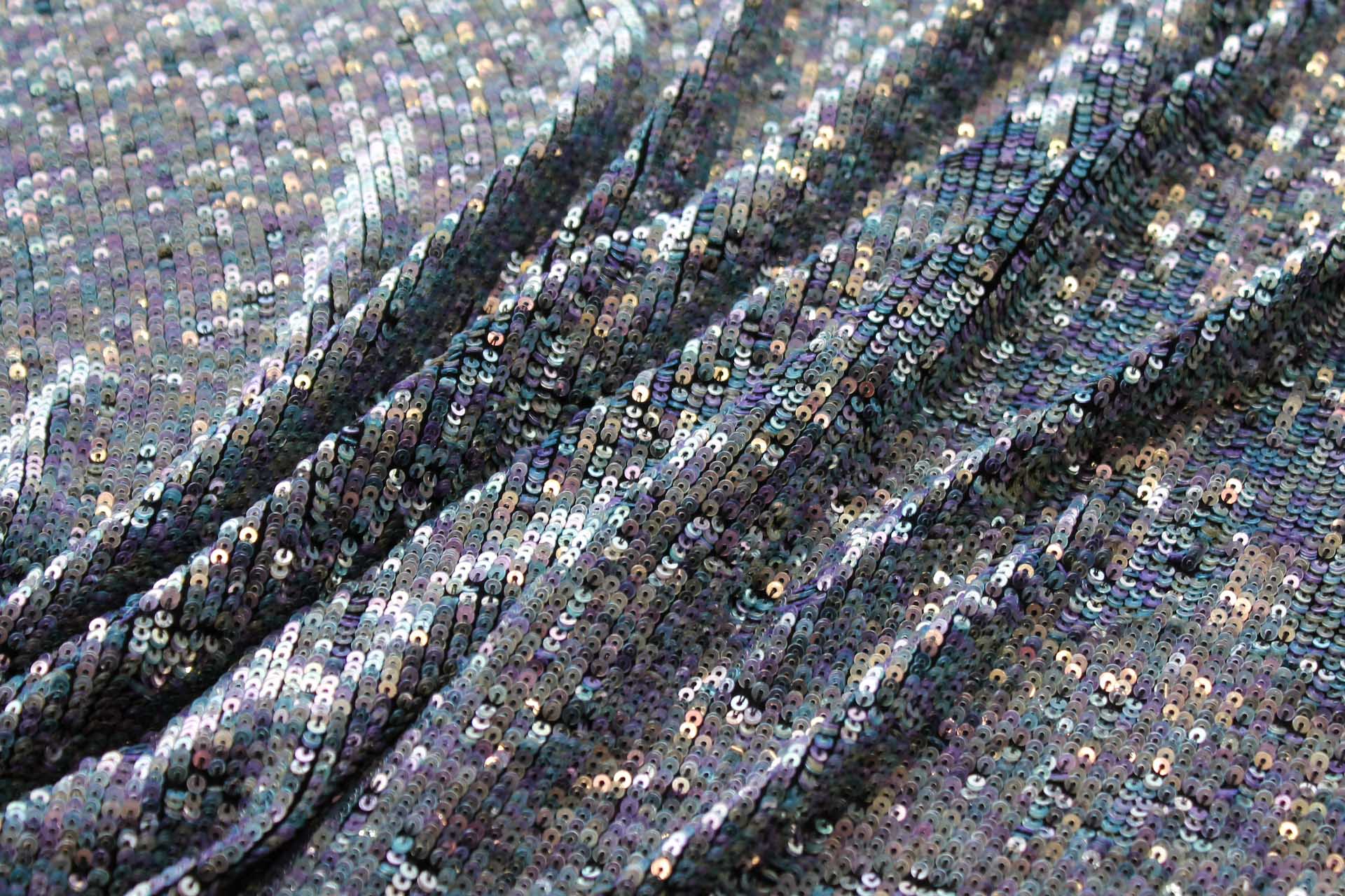 Overlapping Micro Sequin On Silk Chiffon - Clear Iridescent on Black fabric, image 4 of 8