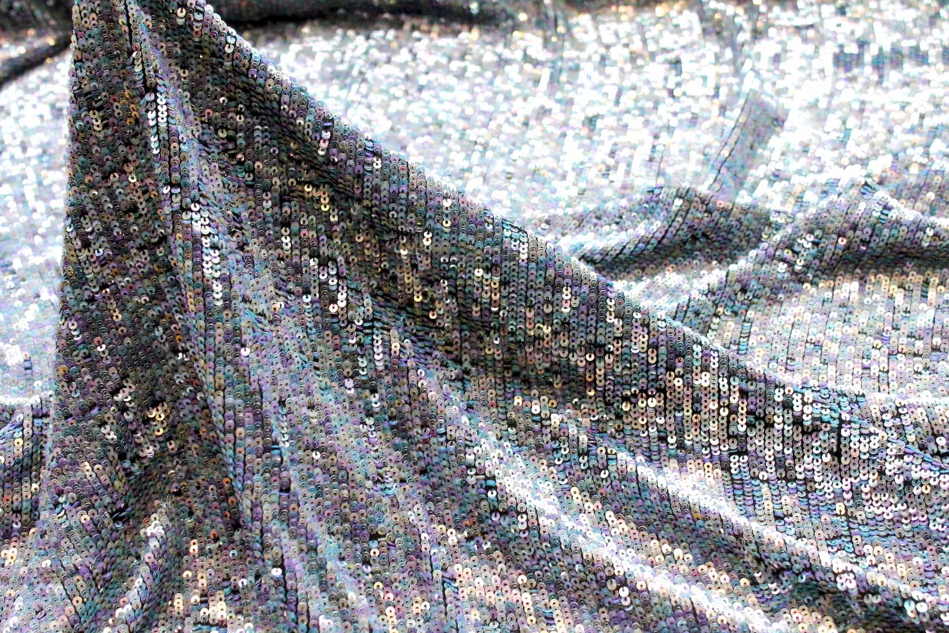 Overlapping Micro Sequin On Silk Chiffon - Clear Iridescent on Black fabric, image 5 of 8