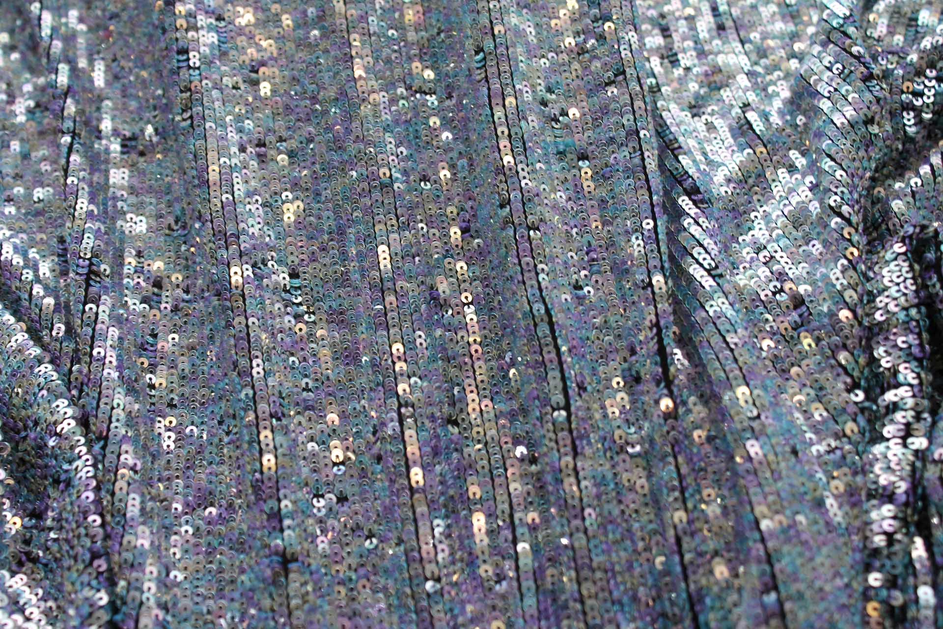 Overlapping Micro Sequin On Silk Chiffon - Clear Iridescent on Black fabric, image 6 of 8