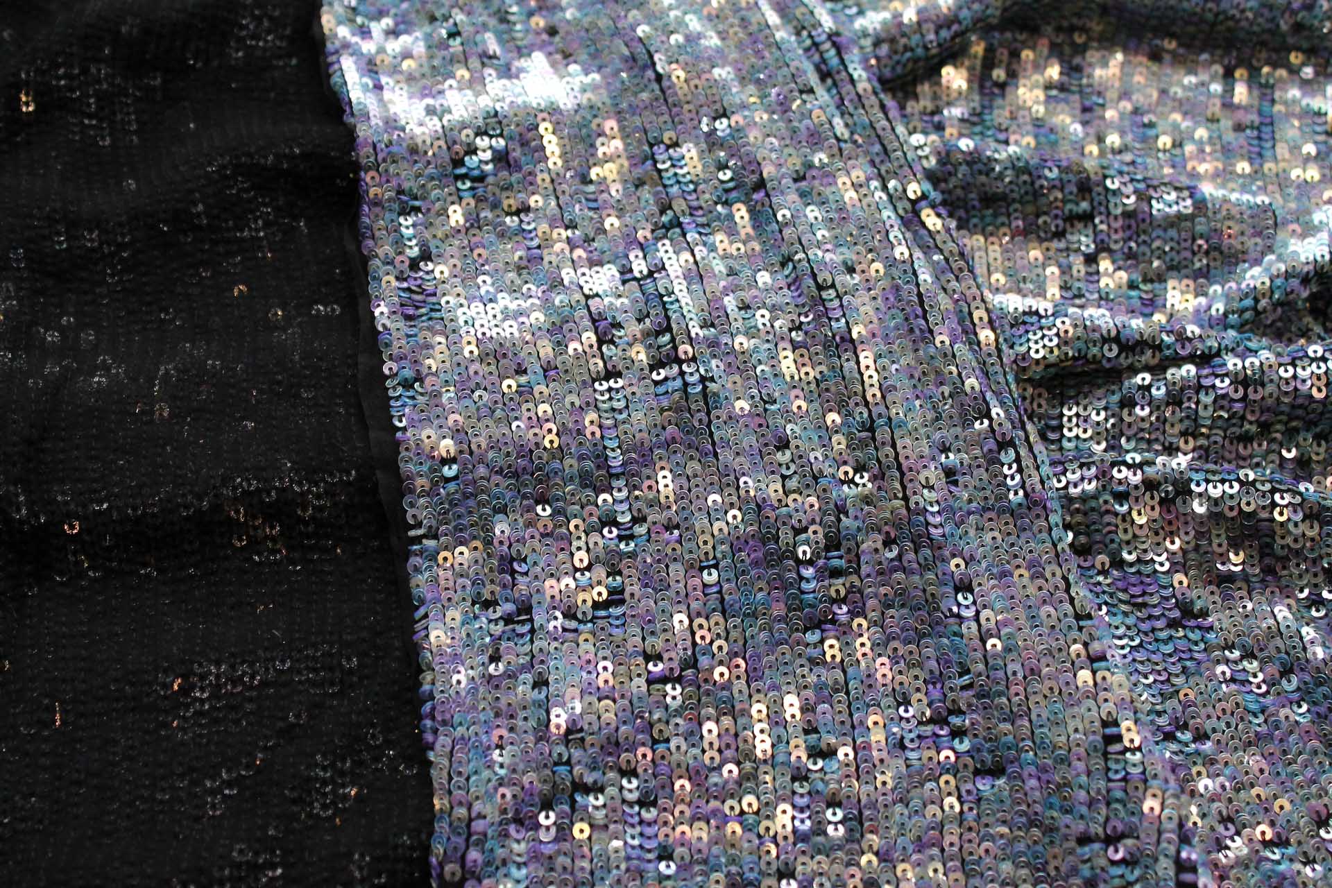 Overlapping Micro Sequin On Silk Chiffon - Clear Iridescent on Black fabric, image 7 of 8