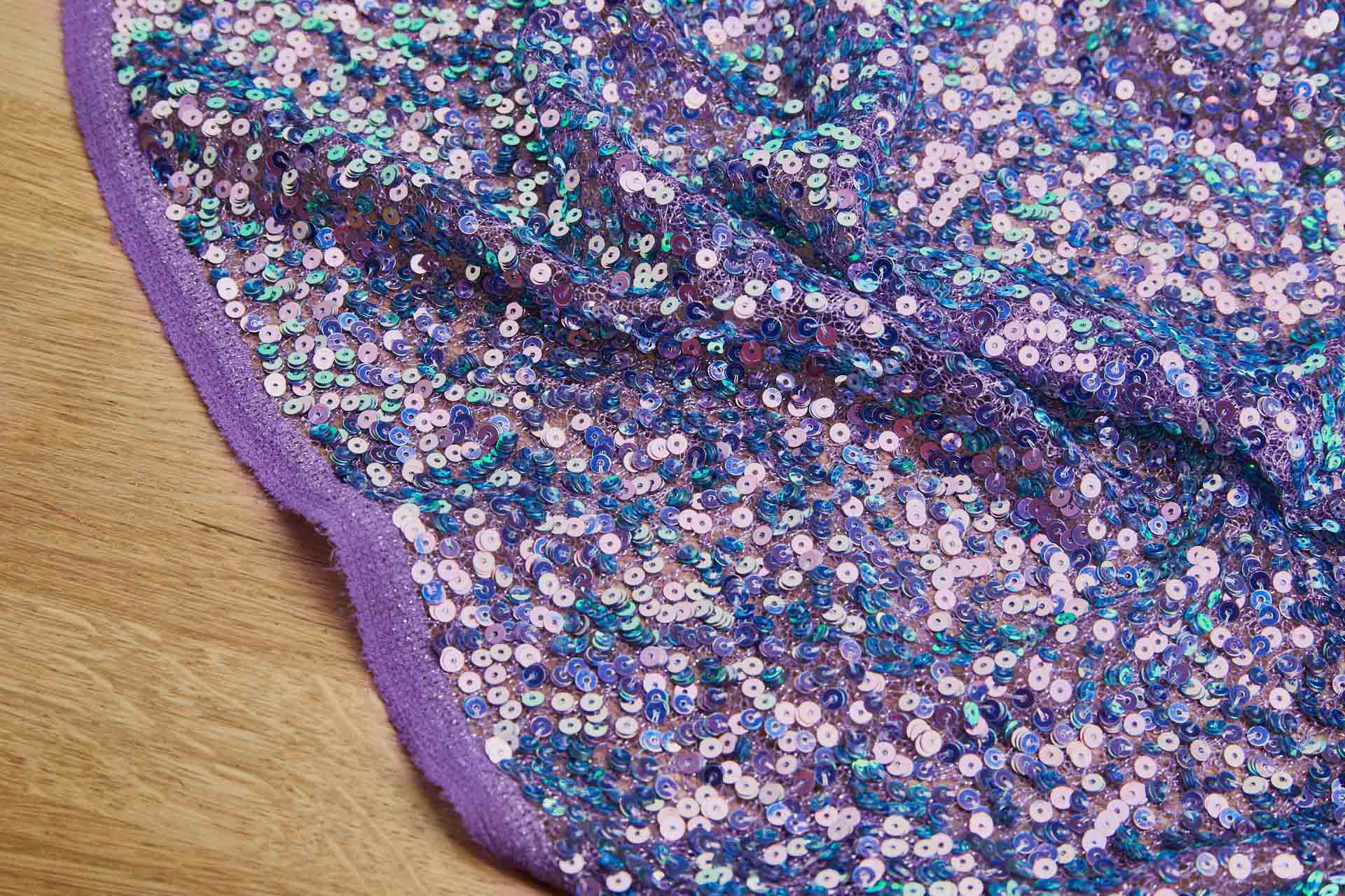 Iridescent Purple / Green Mermaid Holo Sequin on Purple Mesh fabric, image 6 of 10