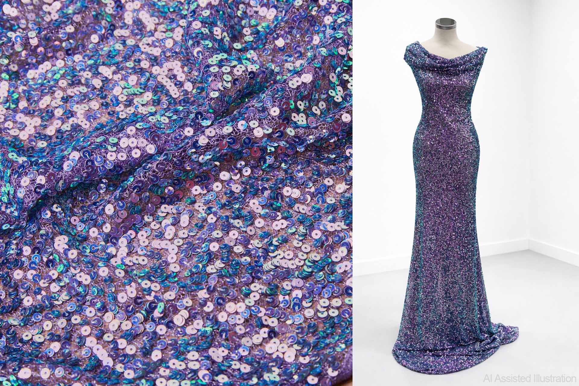 Iridescent Purple / Green Mermaid Holo Sequin on Purple Mesh fabric, image 2 of 10
