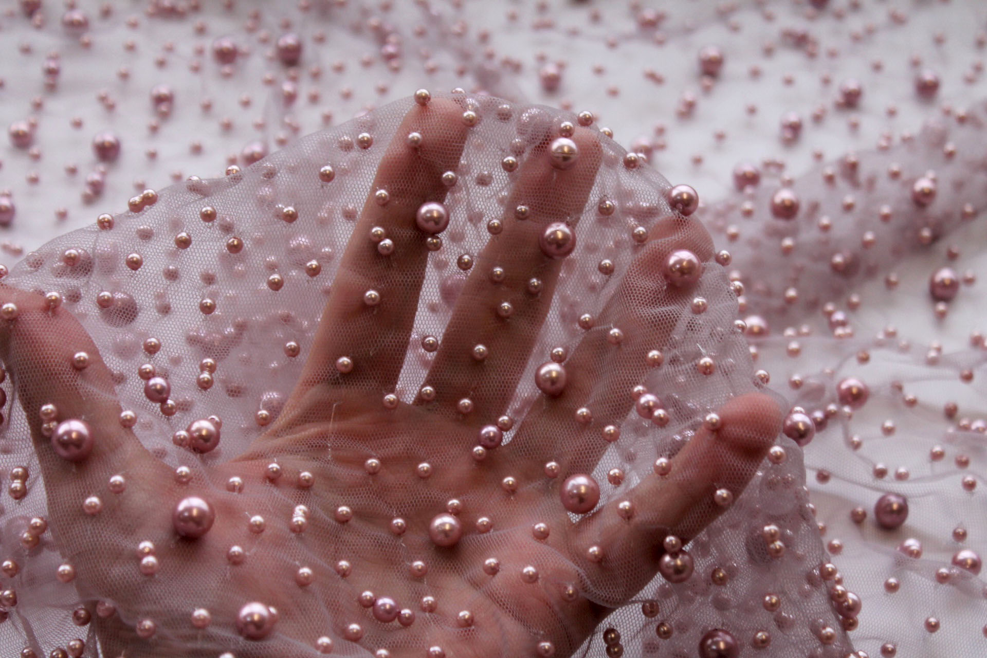 Pearl Encrusted Nylon Tulle - Mauve fabric, image 8 of 8