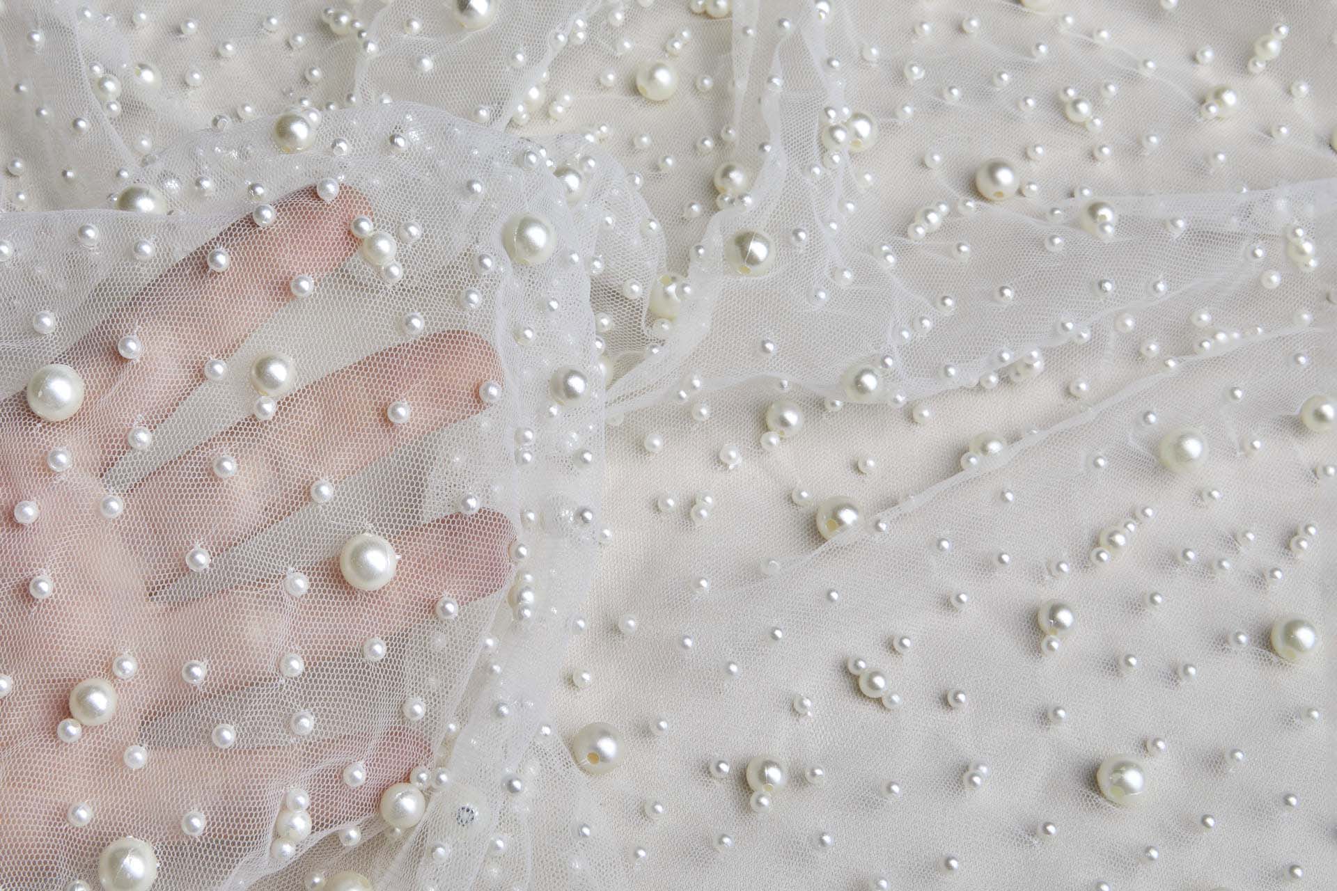 Pearl Encrusted Nylon Tulle - Ivory fabric