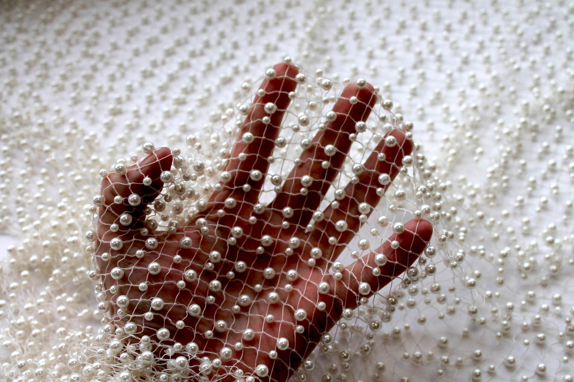 BACK IN STOCK - Two Size Ivory Pearls on Ivory Fishnet fabric, image 4 of 6