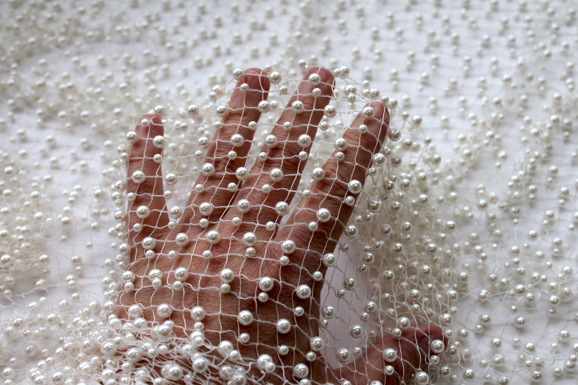 BACK IN STOCK - Two Size Ivory Pearls on Ivory Fishnet fabric, image 5 of 6