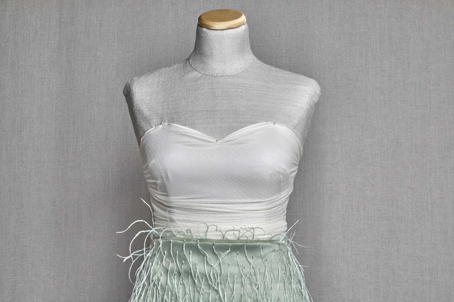Beads and Ostrich Feathers on Tulle - Sea Spray Green fabric, image 2 of 9