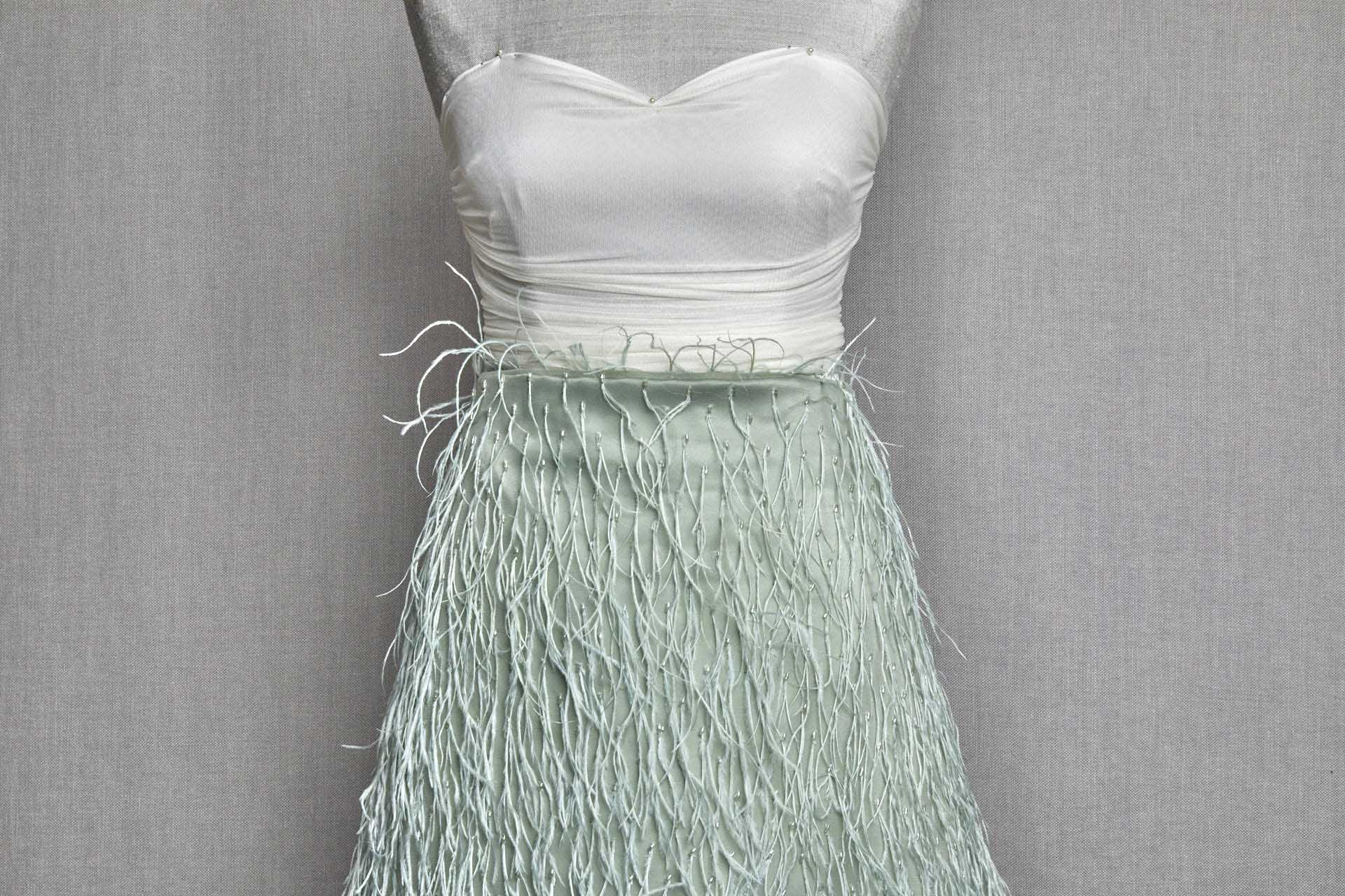 Beads and Ostrich Feathers on Tulle - Sea Spray Green fabric, image 3 of 9