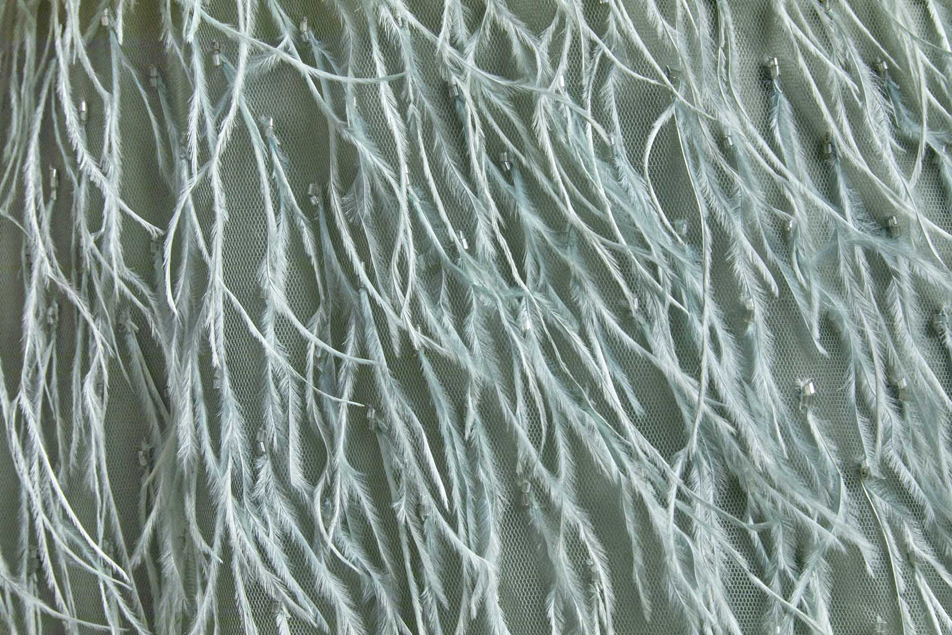 Beads and Ostrich Feathers on Tulle - Sea Spray Green fabric