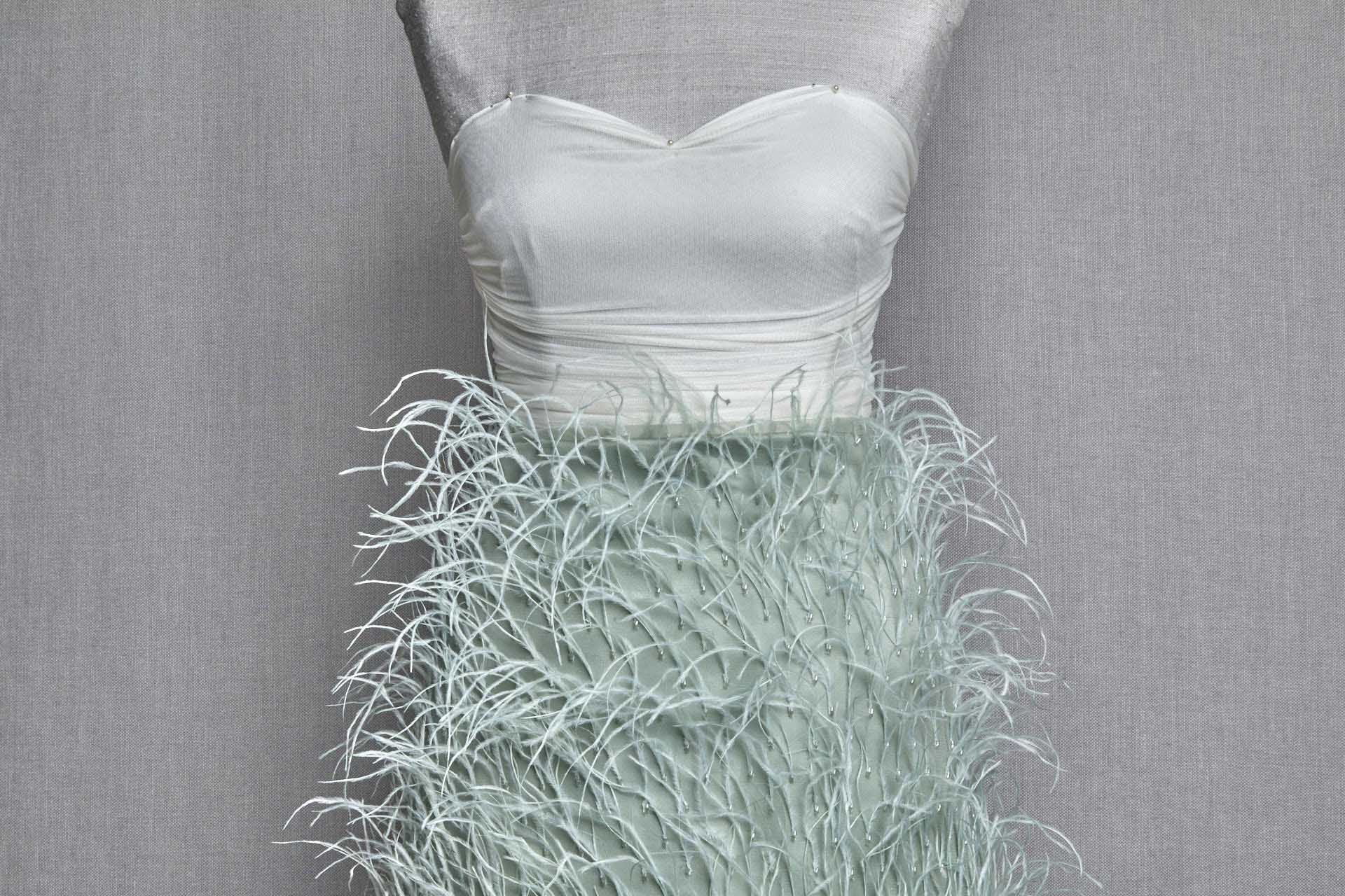 Beads and Ostrich Feathers on Tulle - Sea Spray Green fabric, image 6 of 9