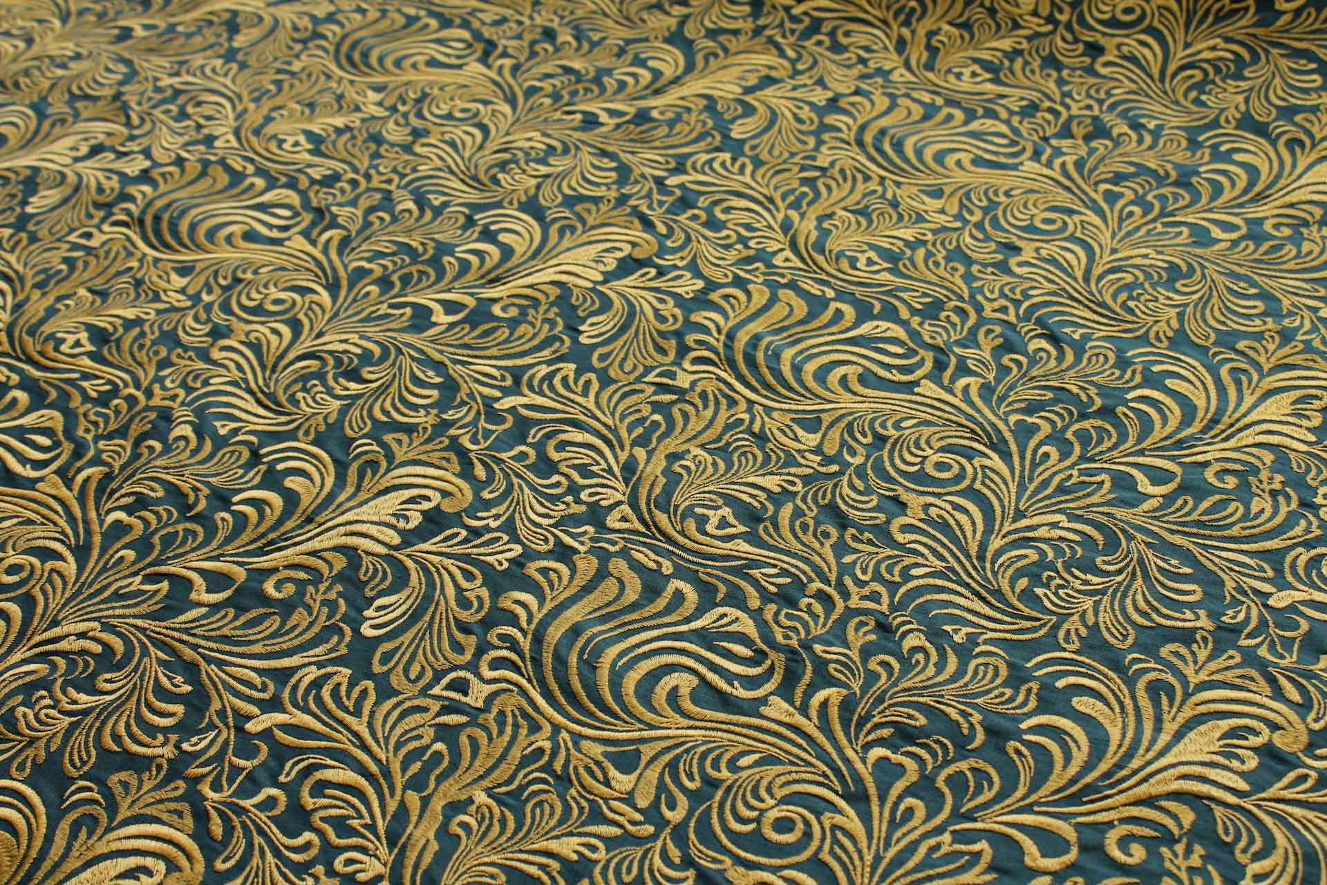 Swirly Embroidered Dupion - Gold on Teal fabric, image 2 of 6
