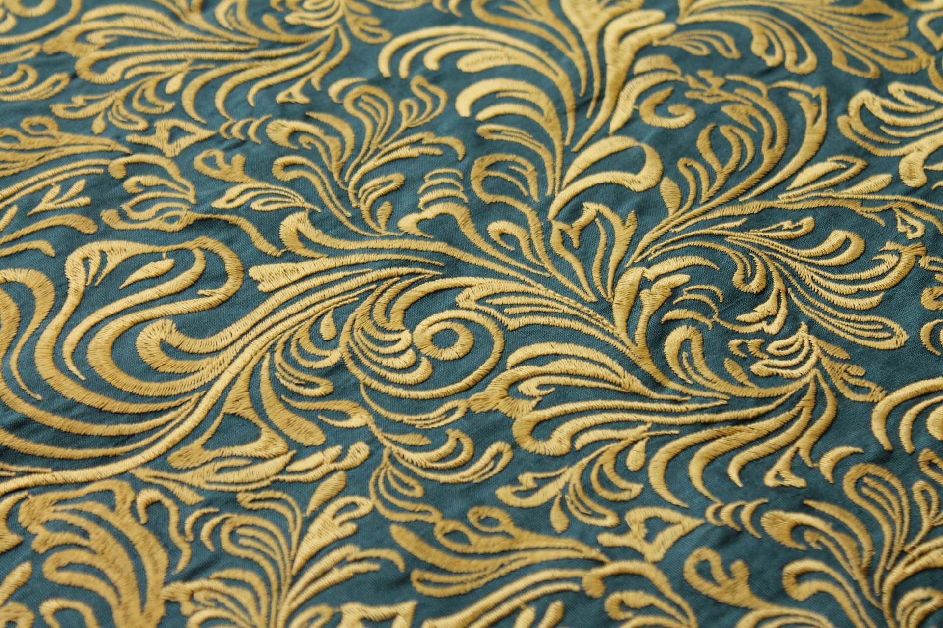 Swirly Embroidered Dupion - Gold on Teal fabric, image 3 of 6