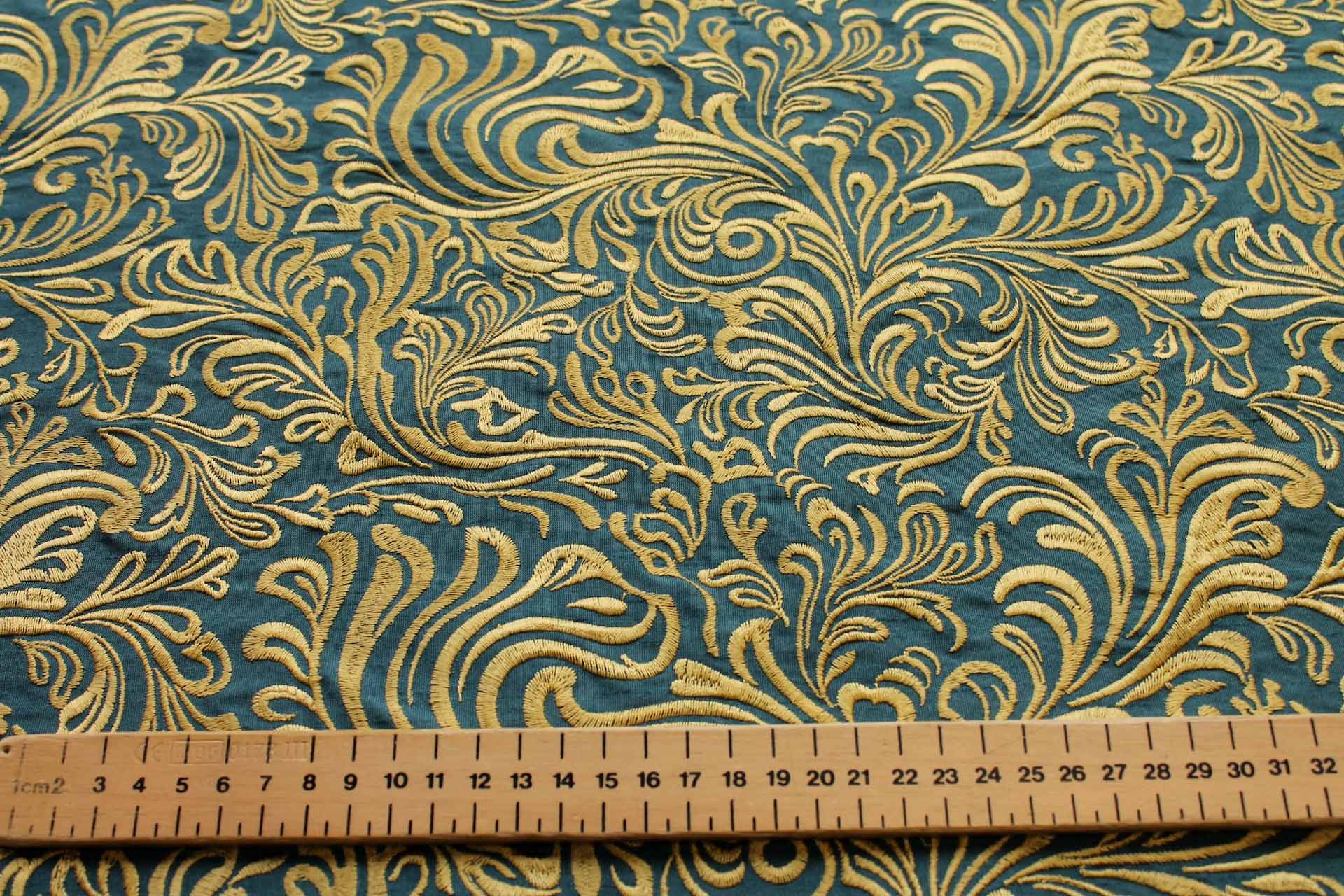 Swirly Embroidered Dupion - Gold on Teal fabric, image 4 of 6