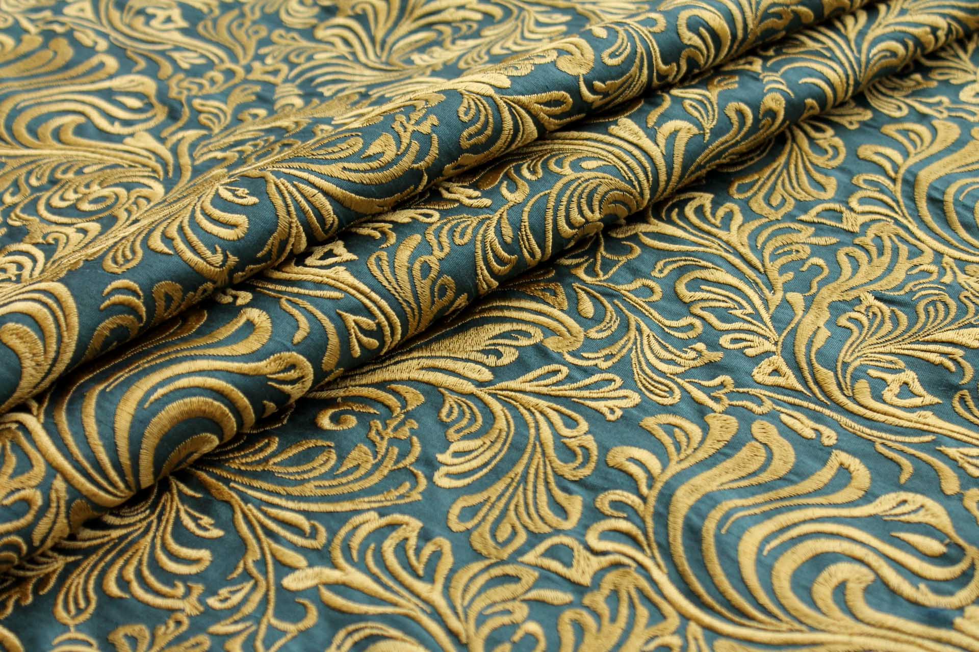 Swirly Embroidered Dupion - Gold on Teal fabric, image 5 of 6