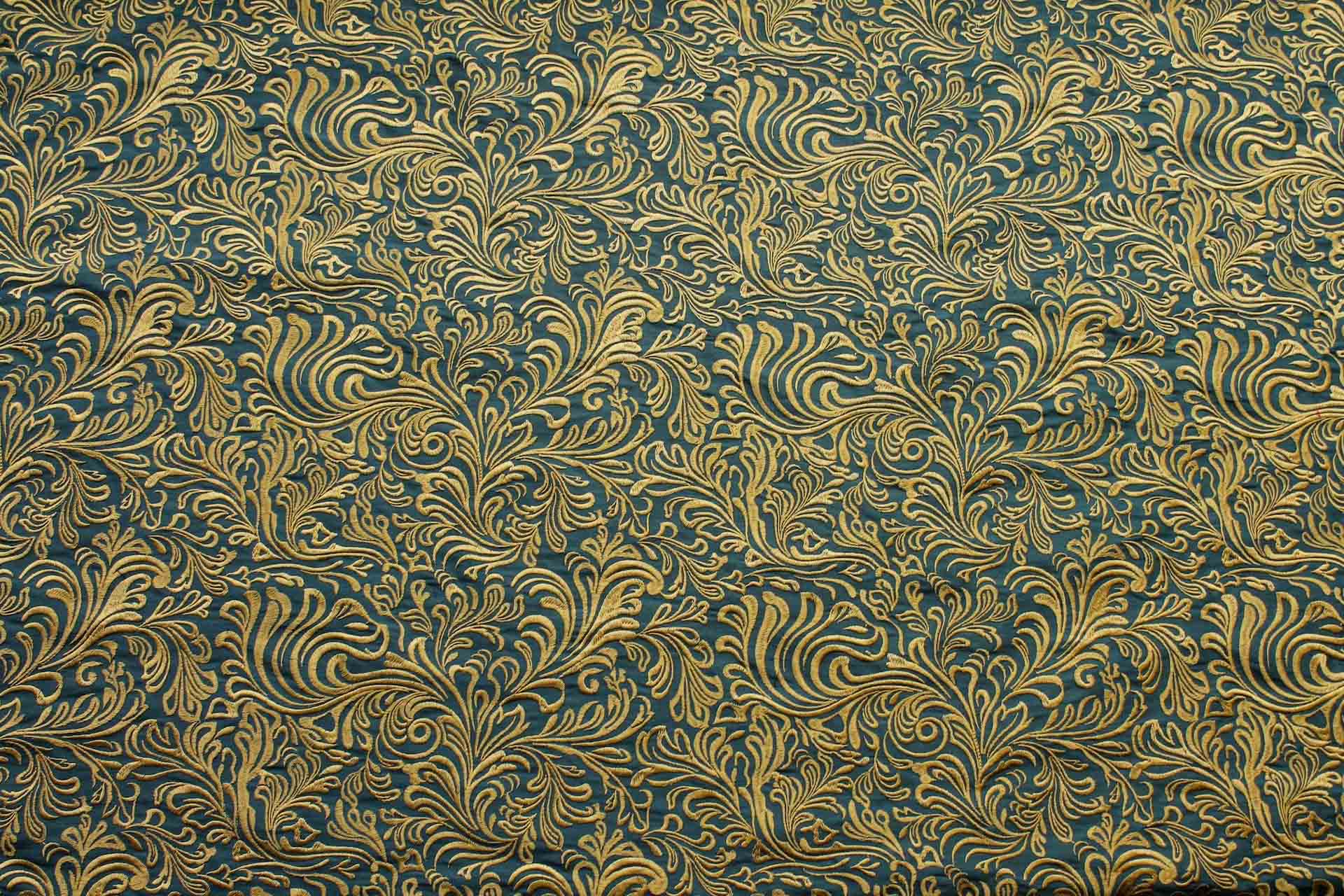 Swirly Embroidered Dupion - Gold on Teal fabric, image 6 of 6