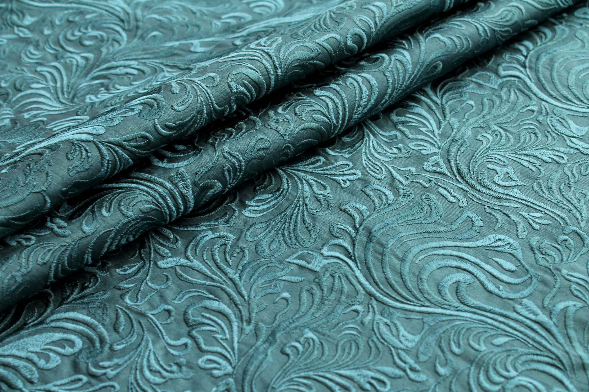 Swirly Embroidered Dupion - Teal on Teal fabric, image 2 of 7