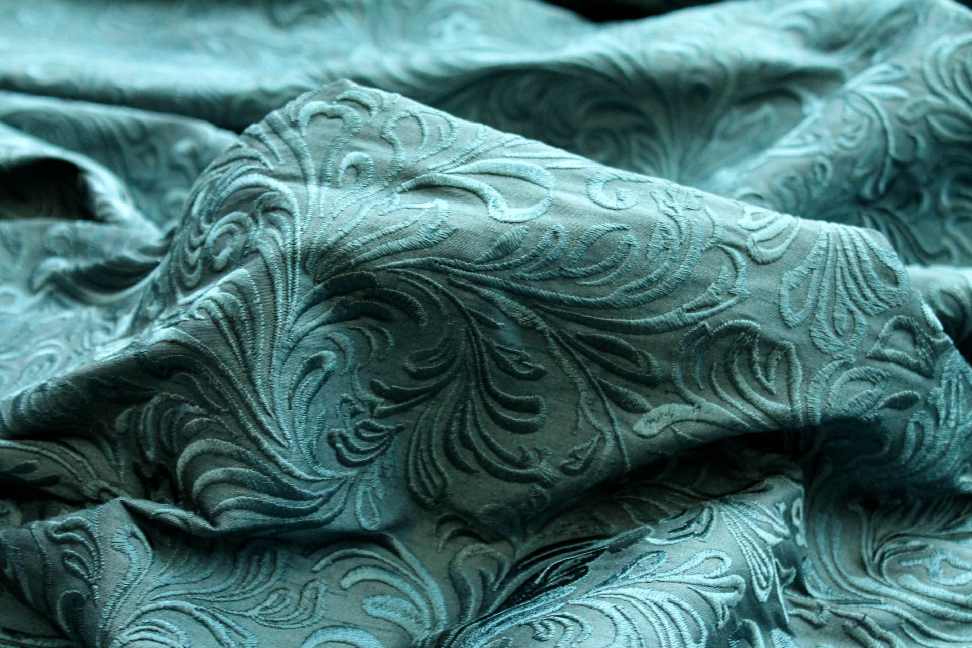 Swirly Embroidered Dupion - Teal on Teal fabric, image 3 of 7