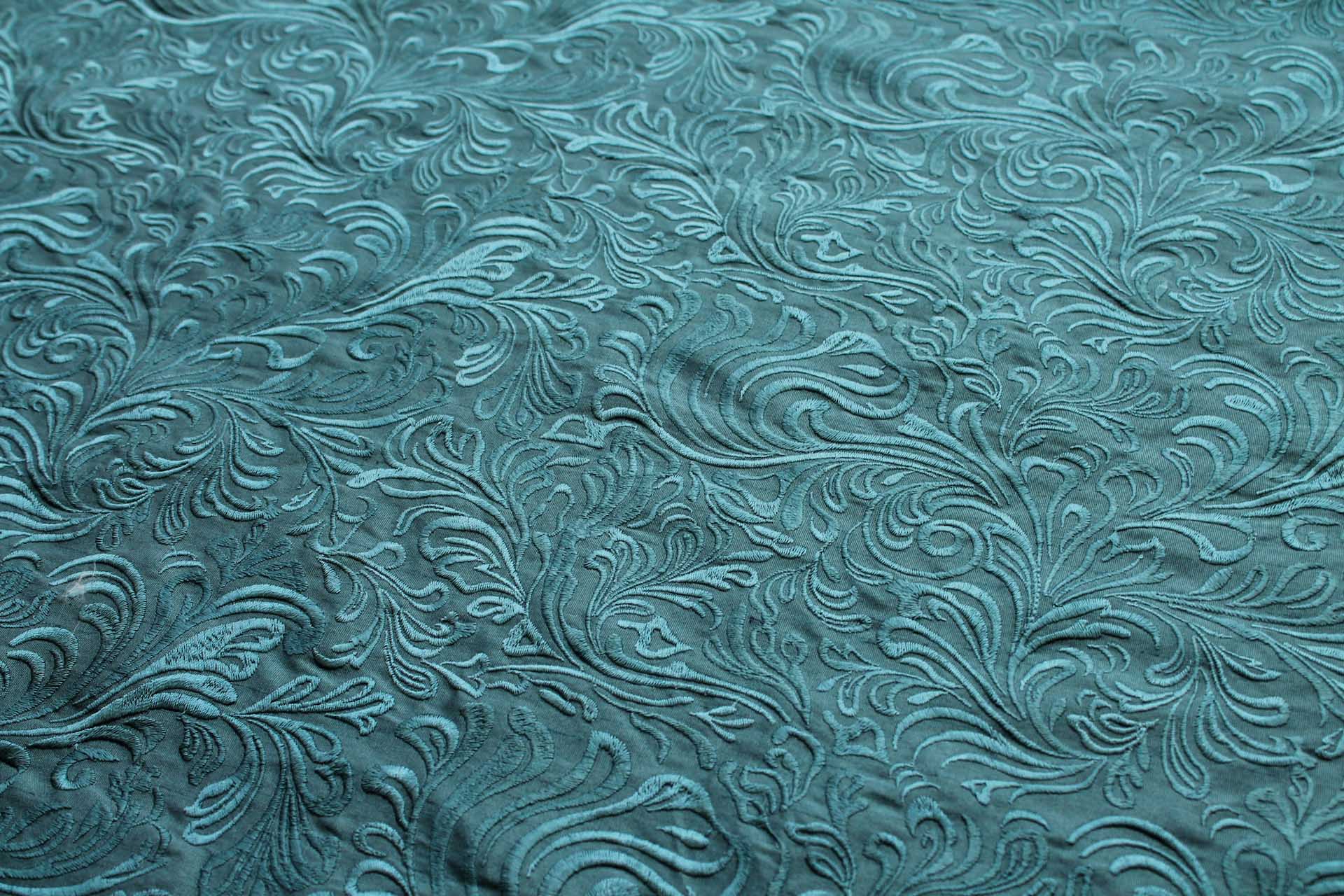 Swirly Embroidered Dupion - Teal on Teal fabric, image 4 of 7