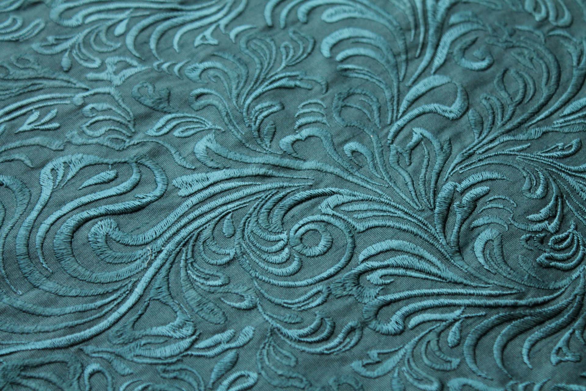 Swirly Embroidered Dupion - Teal on Teal fabric, image 5 of 7