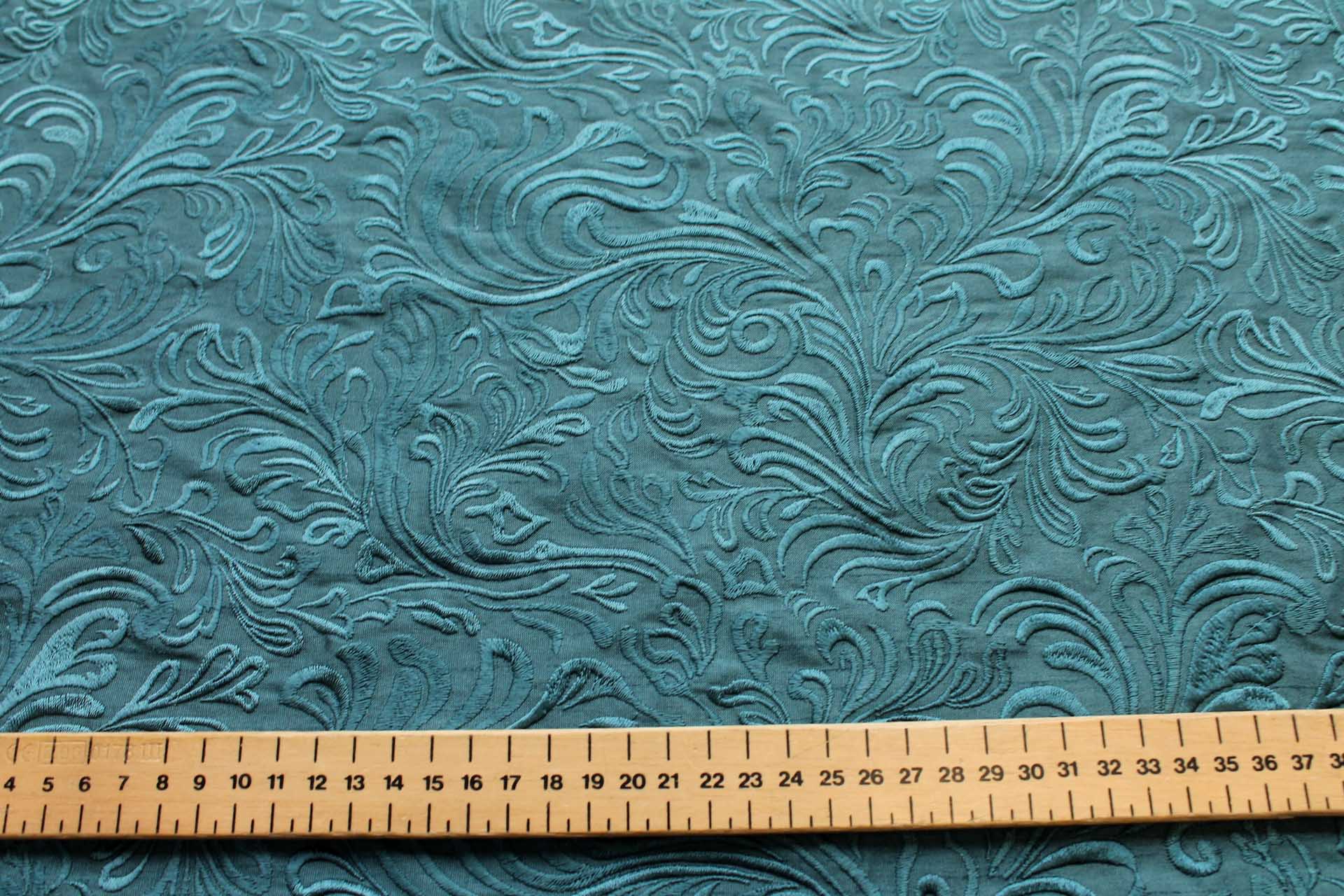 Swirly Embroidered Dupion - Teal on Teal fabric, image 6 of 7