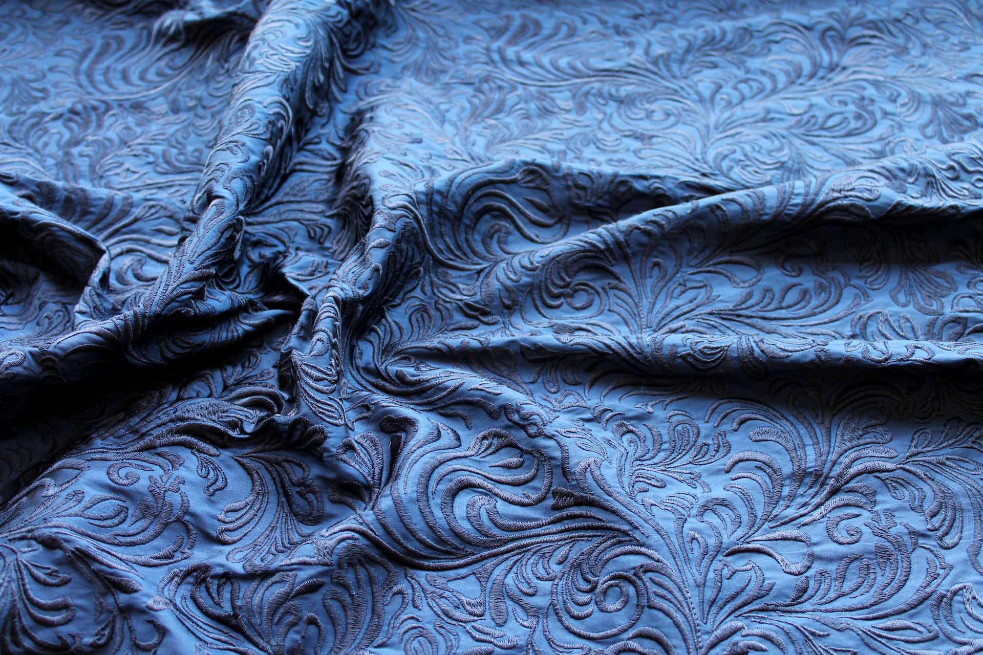 Swirly Embroidered Dupion - Navy on Navy fabric, image 5 of 8
