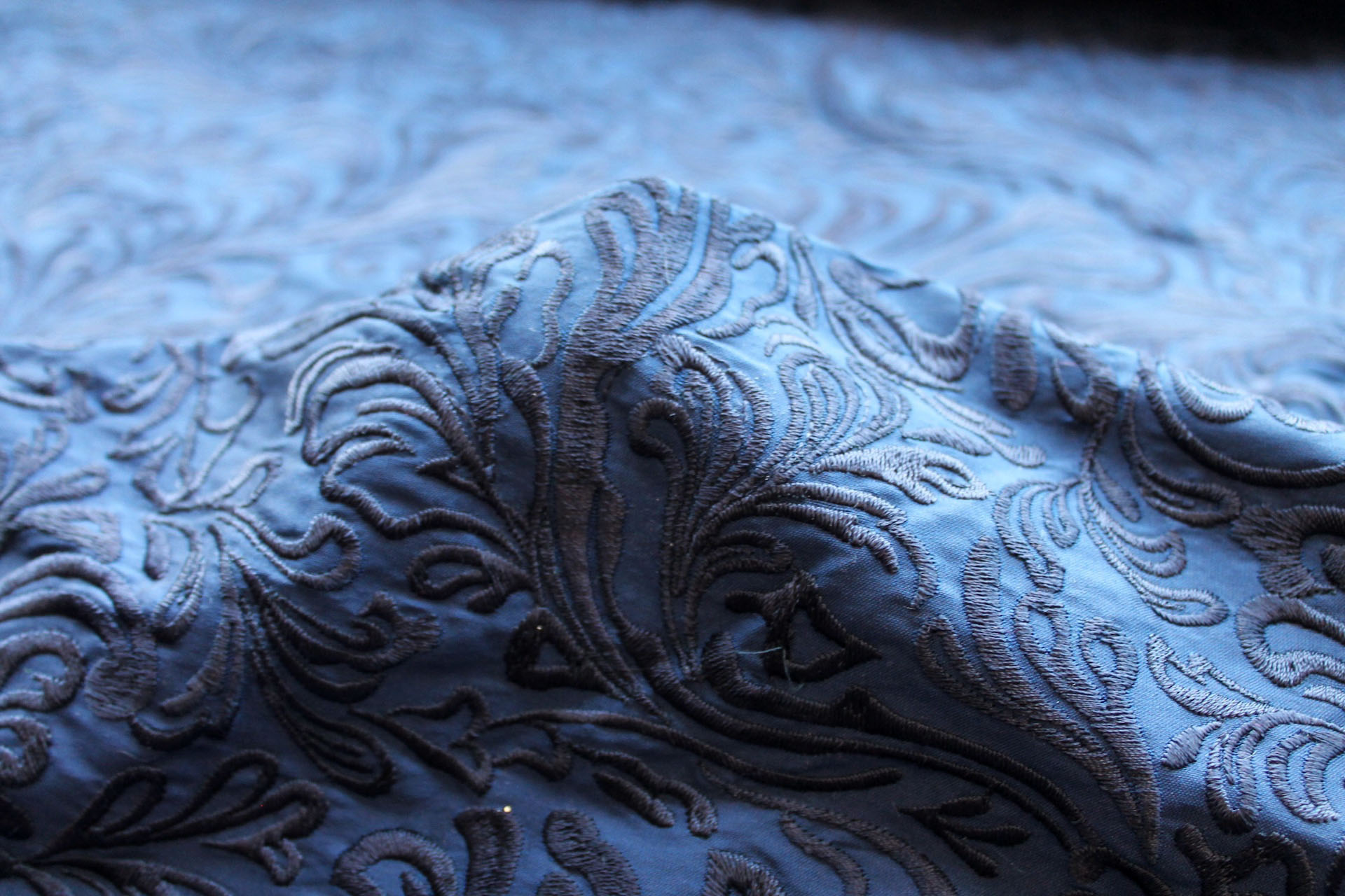 Swirly Embroidered Dupion - Navy on Navy fabric, image 6 of 8