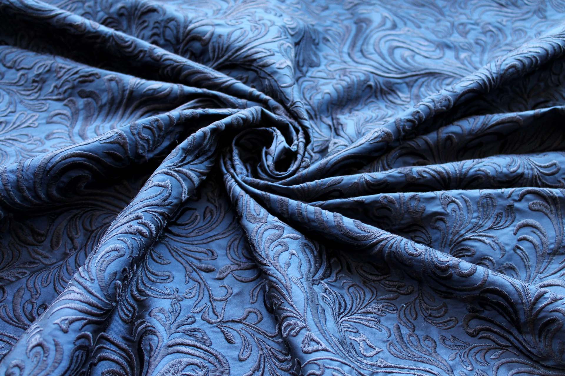 Swirly Embroidered Dupion - Navy on Navy fabric, image 7 of 8