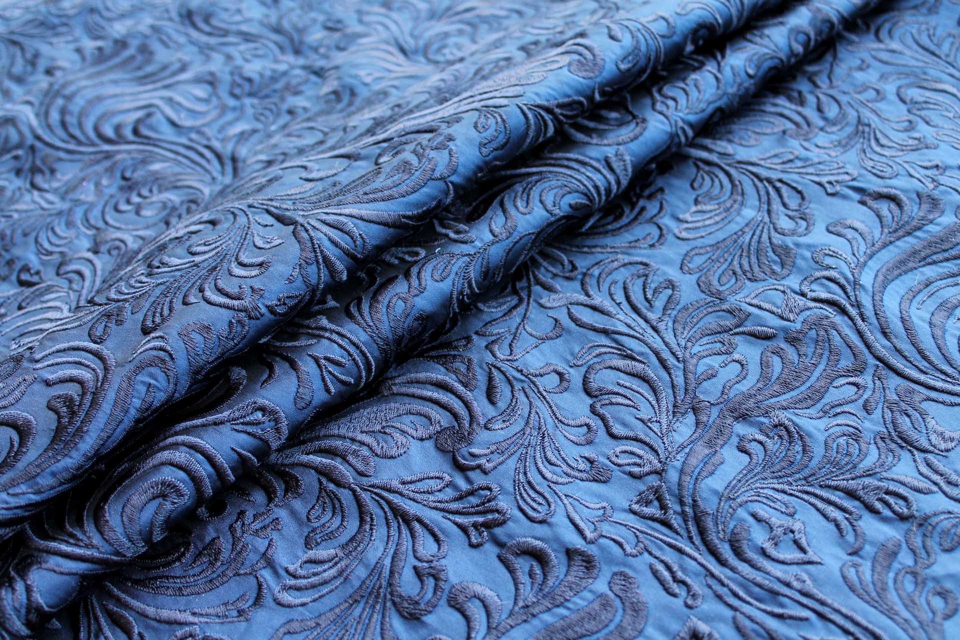 Swirly Embroidered Dupion - Navy on Navy fabric, image 8 of 8