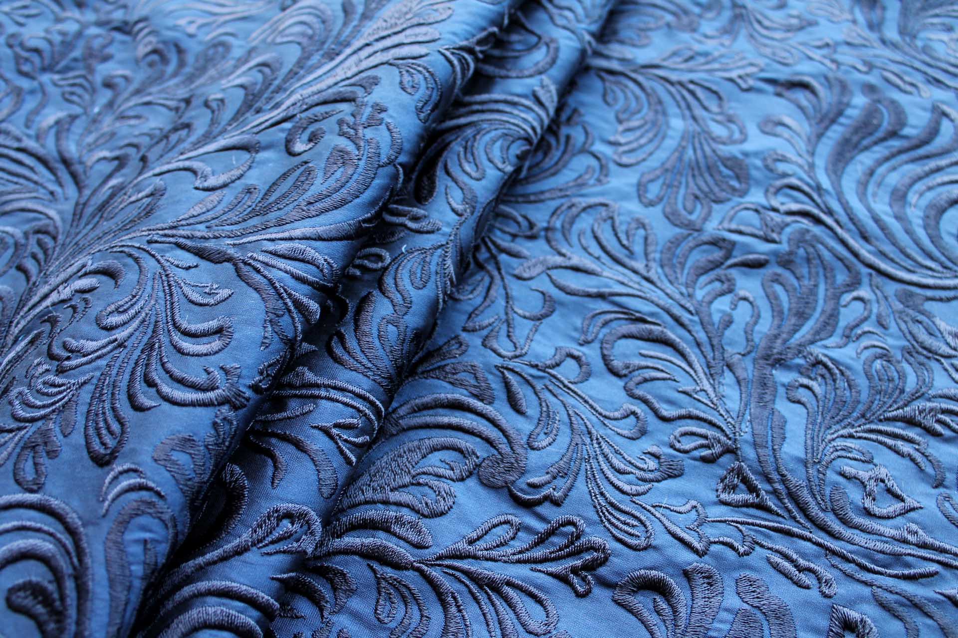 Swirly Embroidered Dupion - Navy on Navy fabric