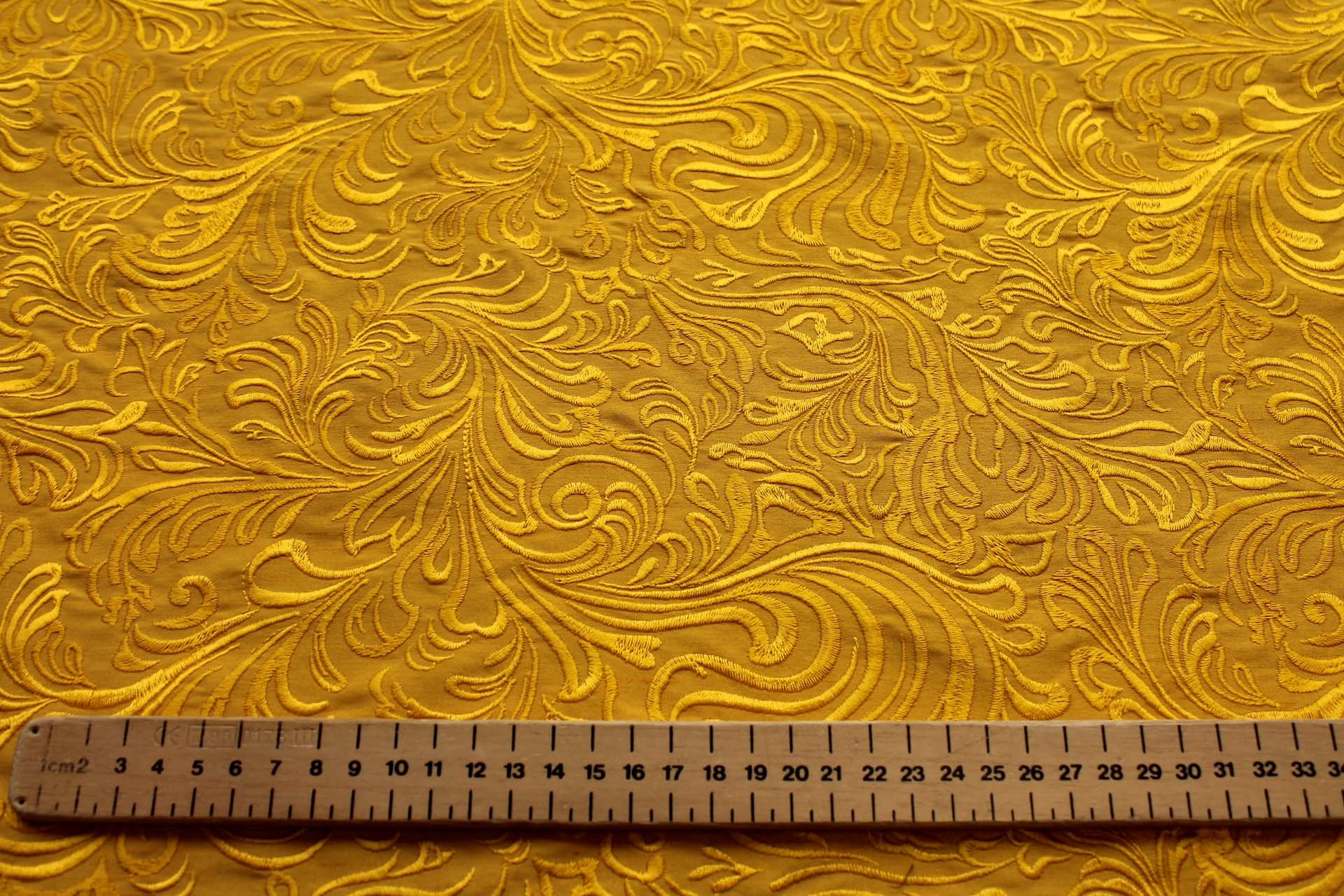 Swirly Embroidered Dupion - Yellow on Yellow fabric, image 4 of 7