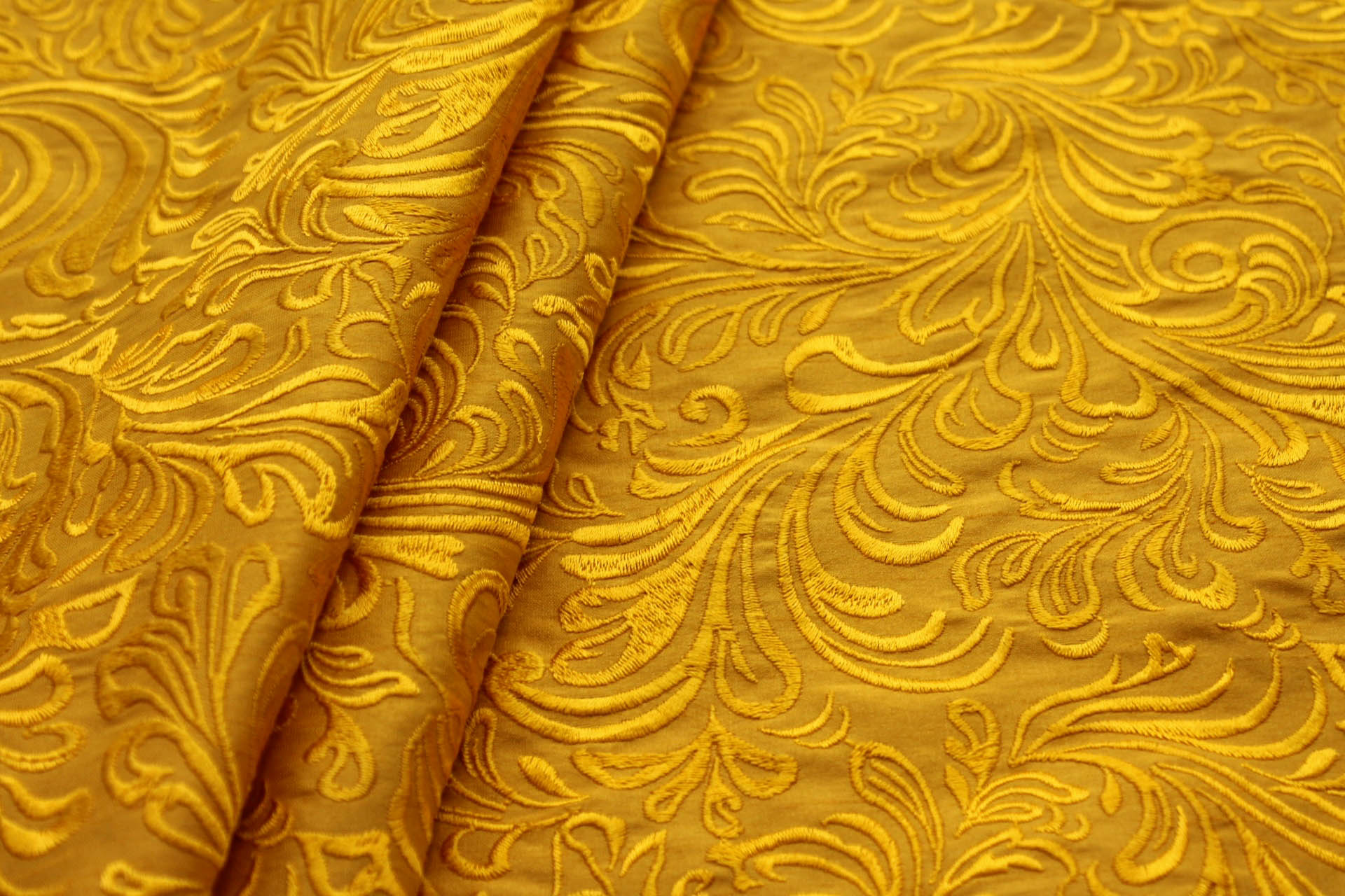Swirly Embroidered Dupion - Yellow on Yellow fabric