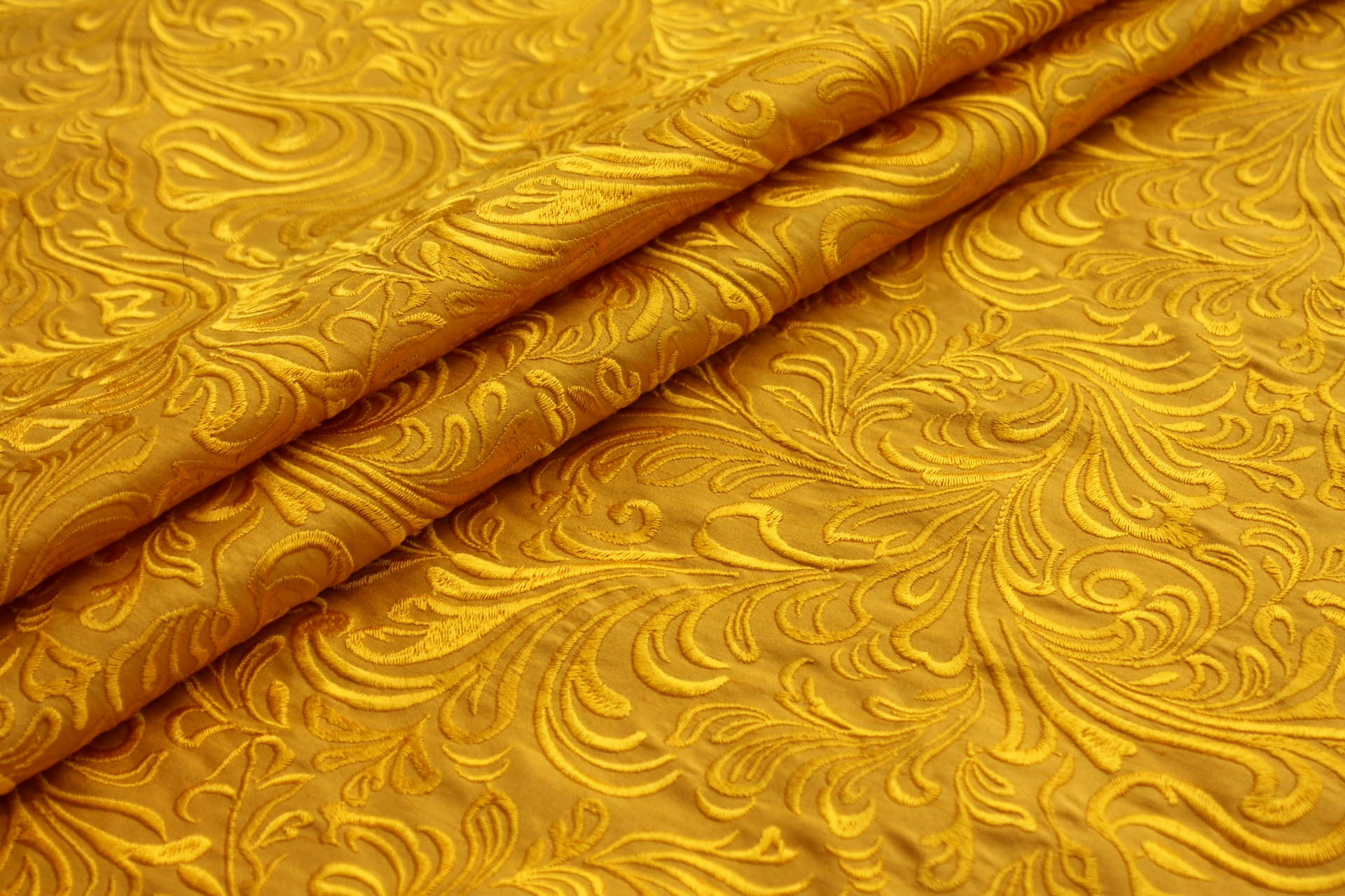 Swirly Embroidered Dupion - Yellow on Yellow fabric, image 2 of 7