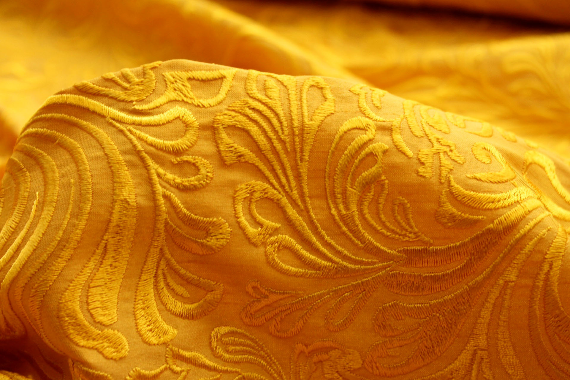 Swirly Embroidered Dupion - Yellow on Yellow fabric, image 6 of 7