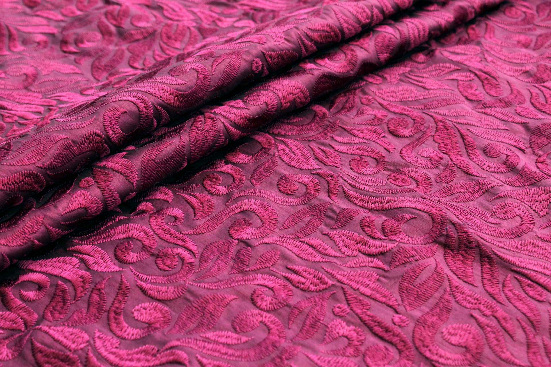 Swirly Embroidered Dupion - Burgundy on Burgundy fabric, image 2 of 7