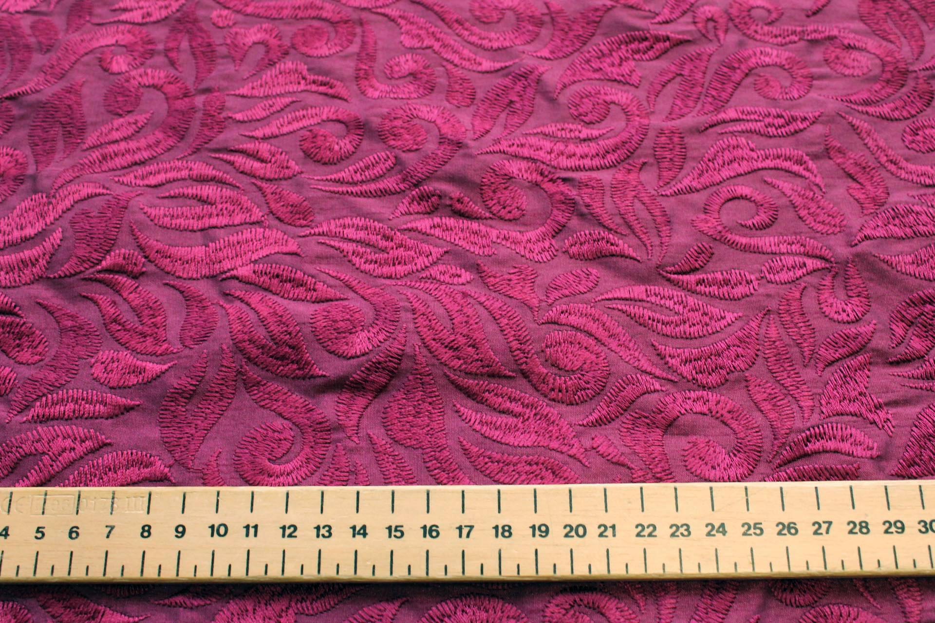 Swirly Embroidered Dupion - Burgundy on Burgundy fabric, image 5 of 7
