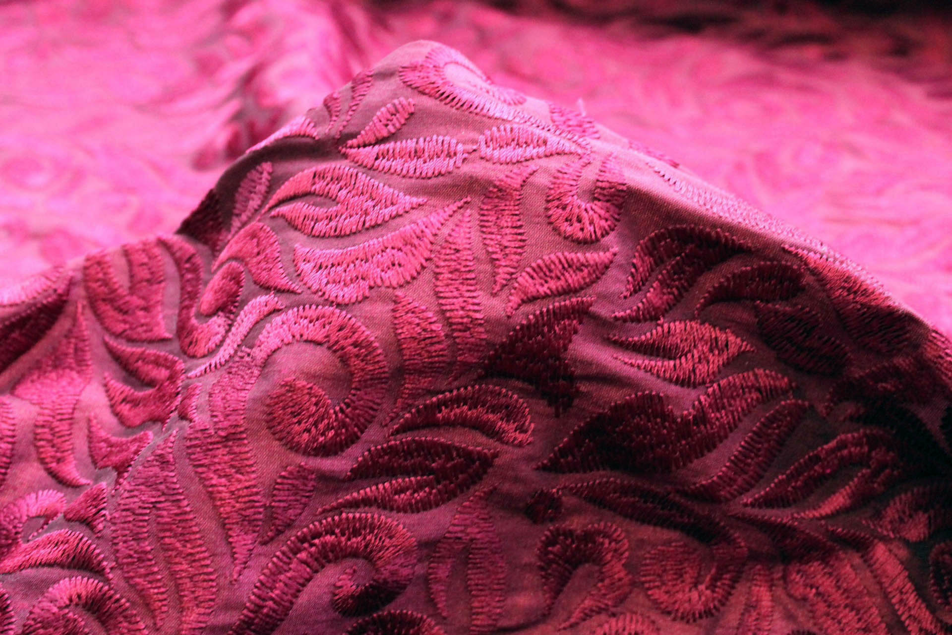 Swirly Embroidered Dupion - Burgundy on Burgundy fabric, image 7 of 7