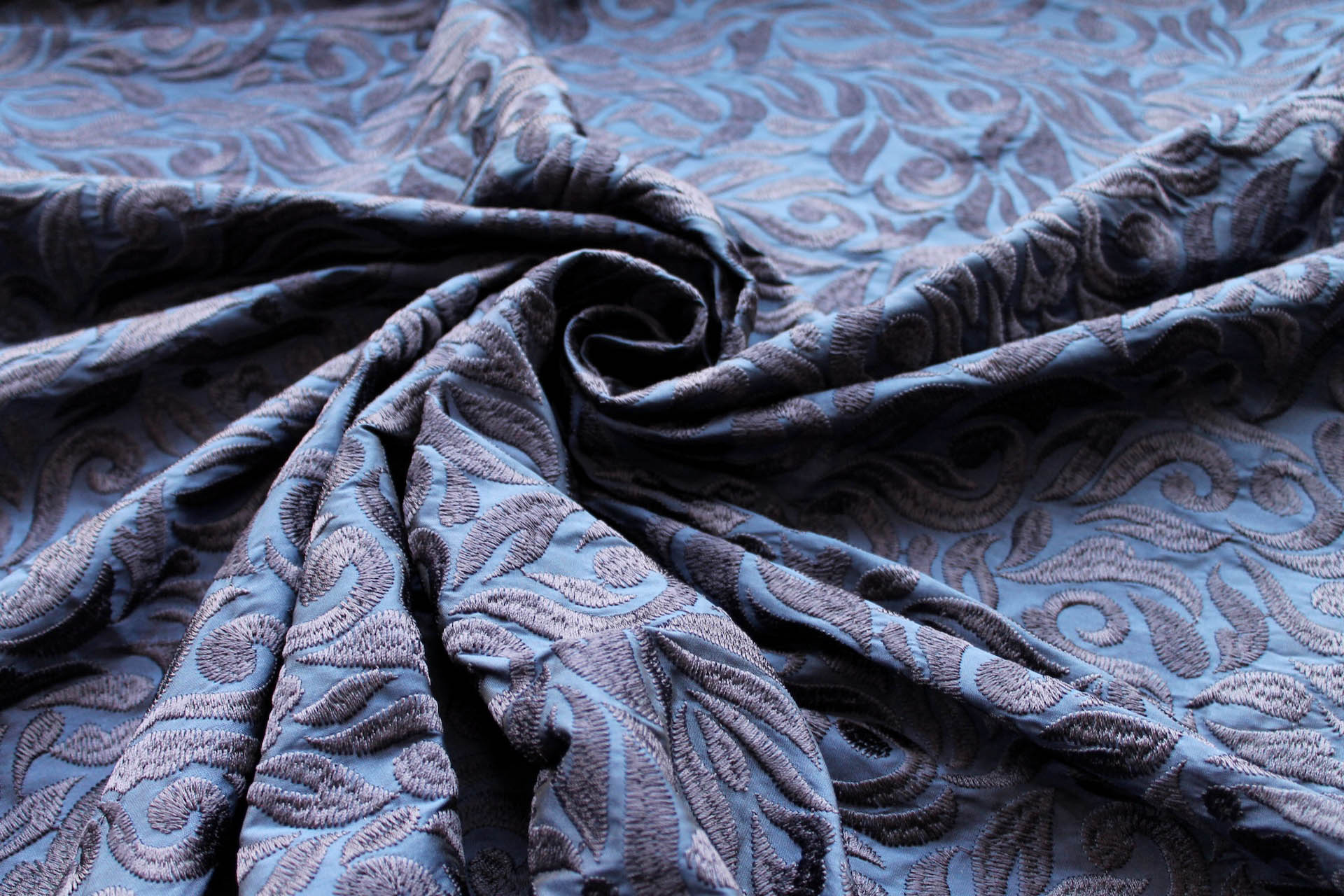Large Swirly Embroidered Dupion - Navy on Navy fabric, image 2 of 7