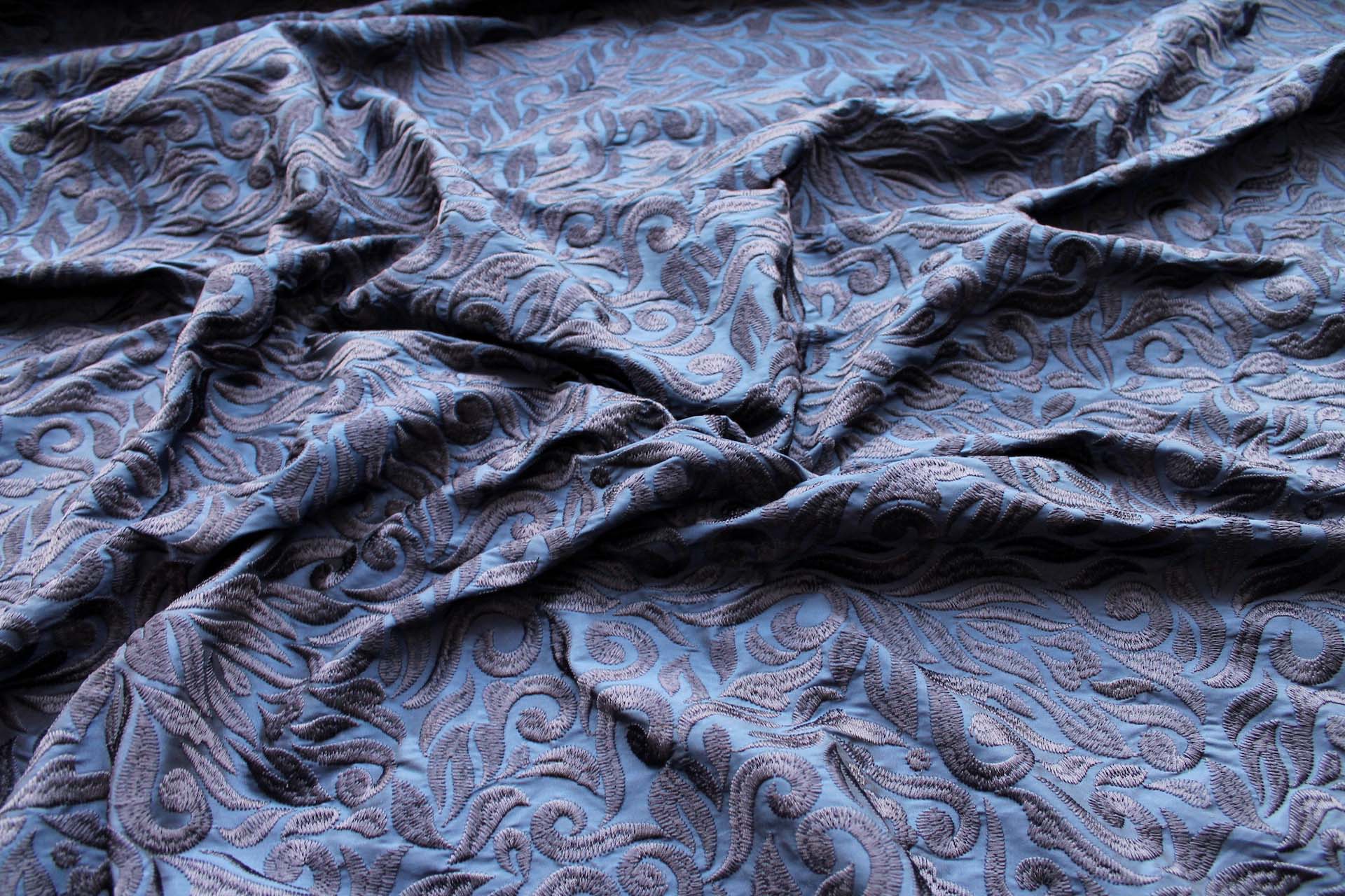 Large Swirly Embroidered Dupion - Navy on Navy fabric, image 3 of 7
