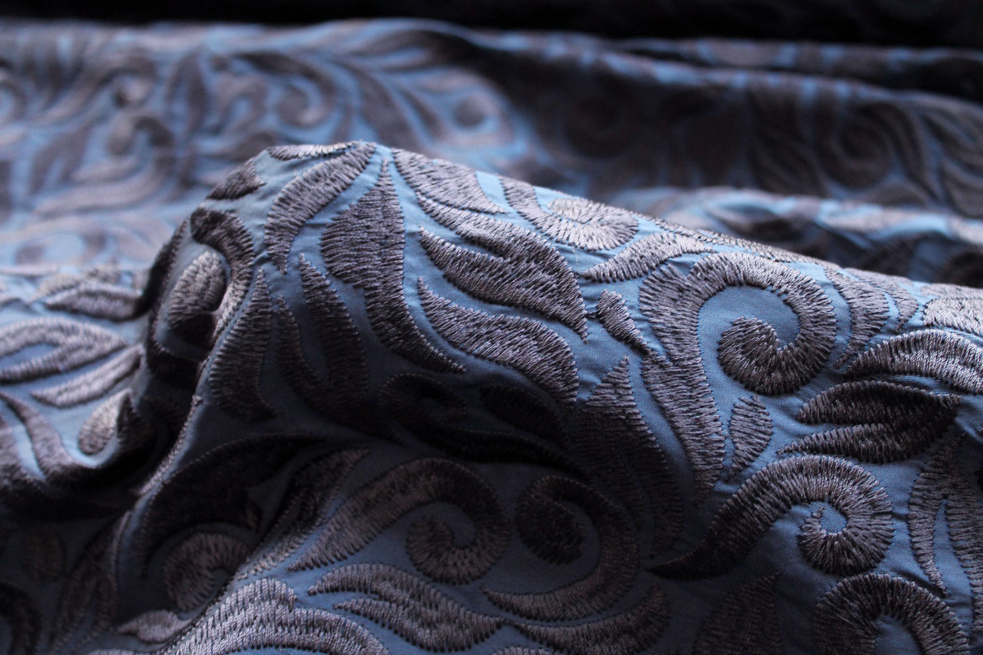 Large Swirly Embroidered Dupion - Navy on Navy fabric, image 4 of 7