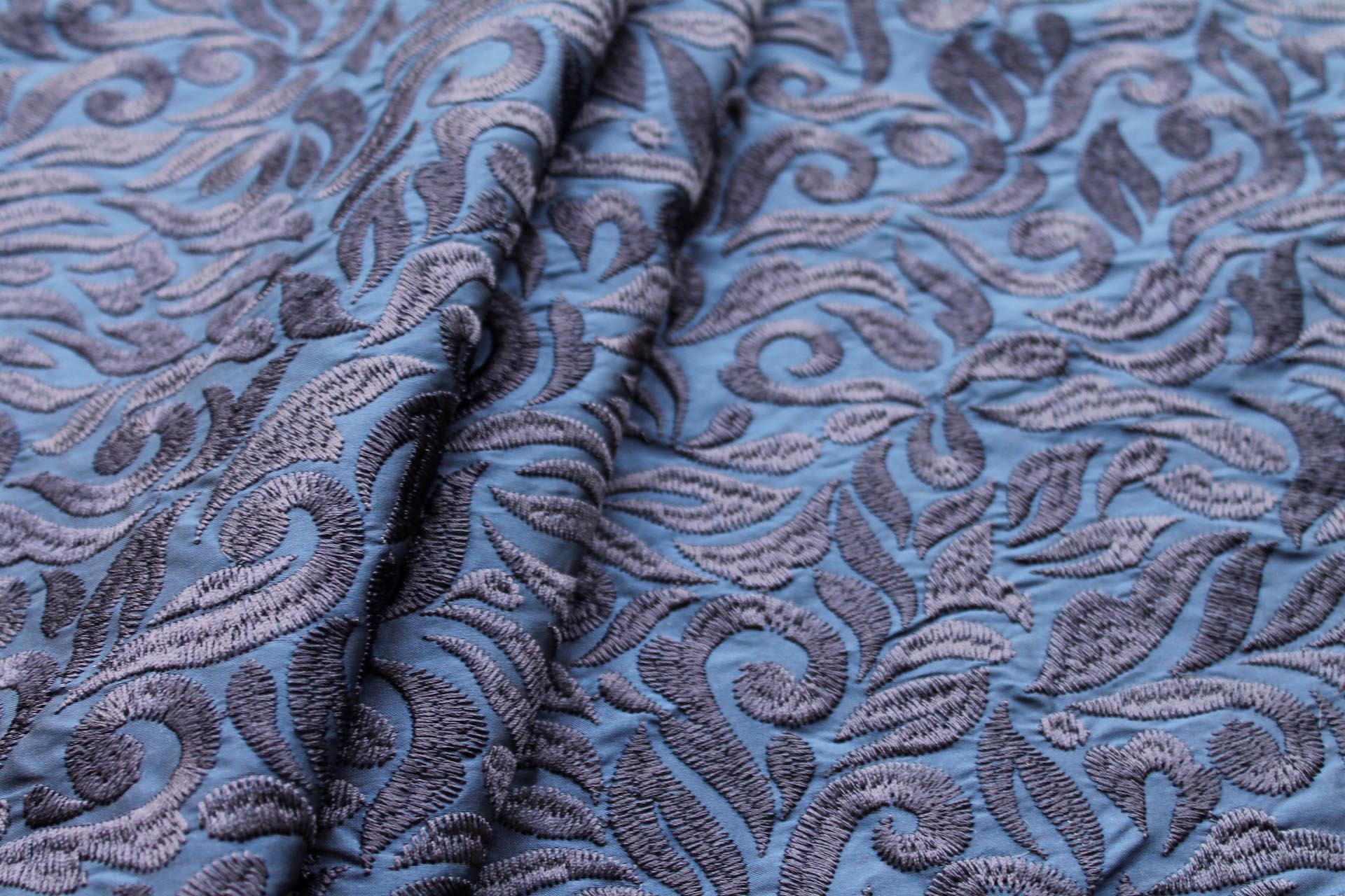 Large Swirly Embroidered Dupion - Navy on Navy fabric