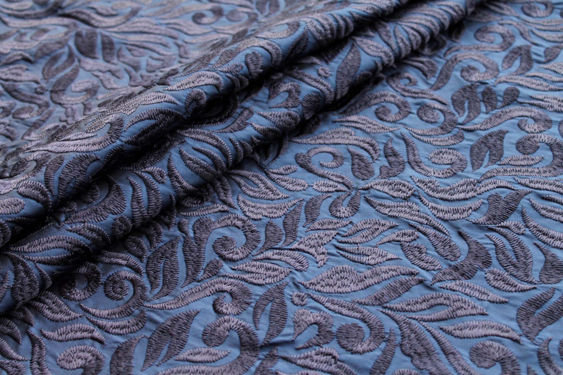 Large Swirly Embroidered Dupion - Navy on Navy fabric, image 5 of 7