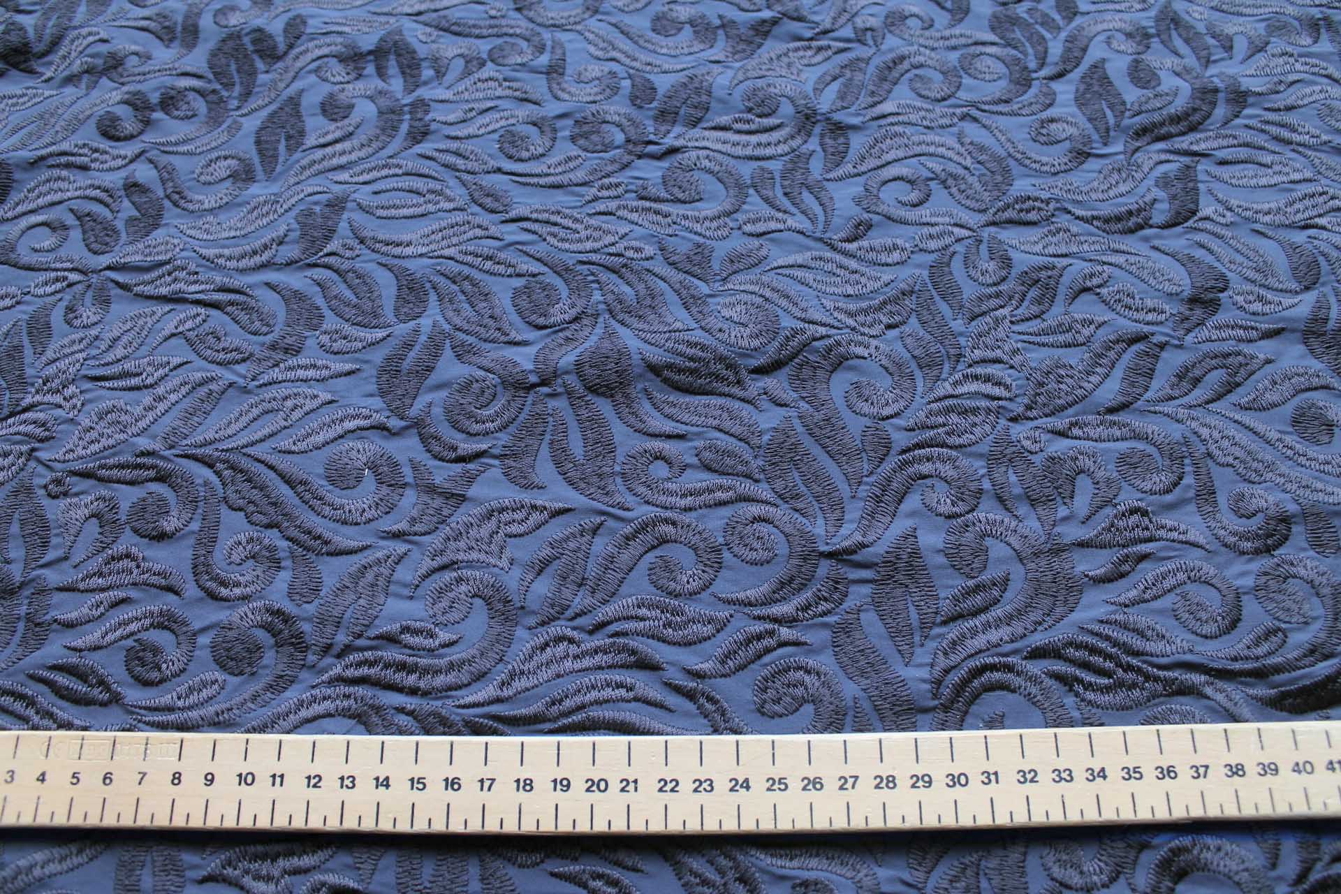 Large Swirly Embroidered Dupion - Navy on Navy fabric, image 6 of 7
