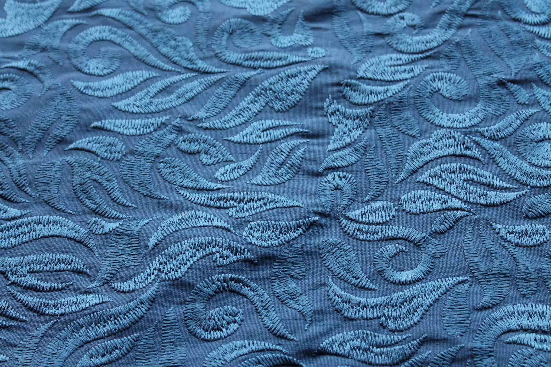 Large Swirly Embroidered Dupion - Teal on Teal fabric, image 3 of 9