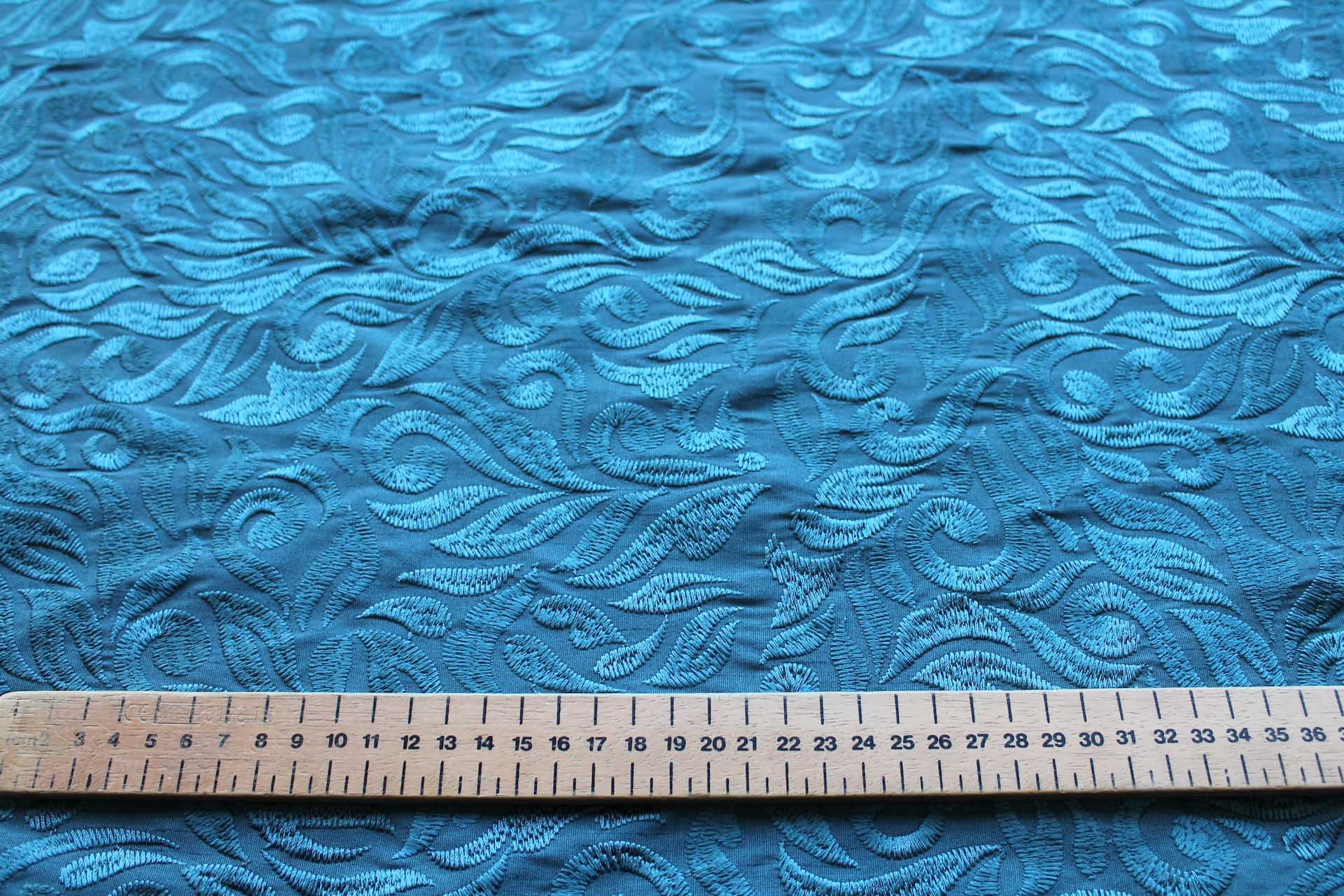 Large Swirly Embroidered Dupion - Teal on Teal fabric, image 5 of 9
