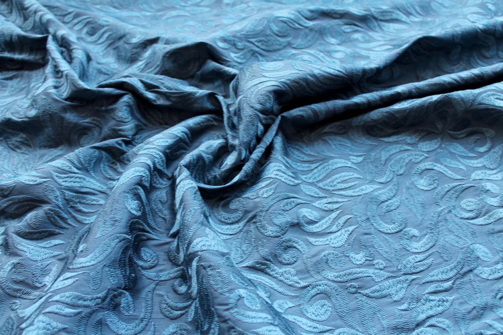 Large Swirly Embroidered Dupion - Teal on Teal fabric, image 6 of 9