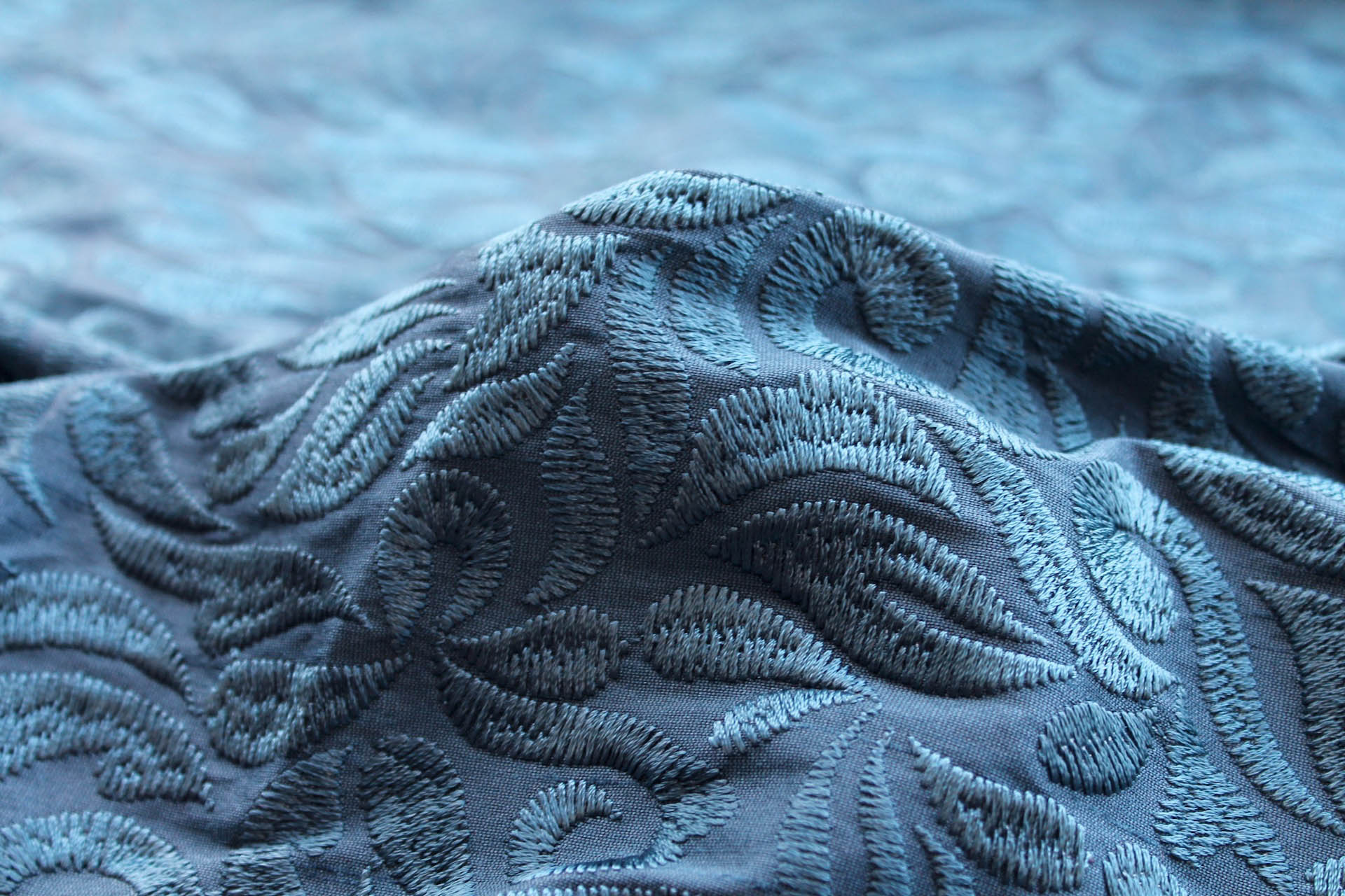 Large Swirly Embroidered Dupion - Teal on Teal fabric, image 7 of 9