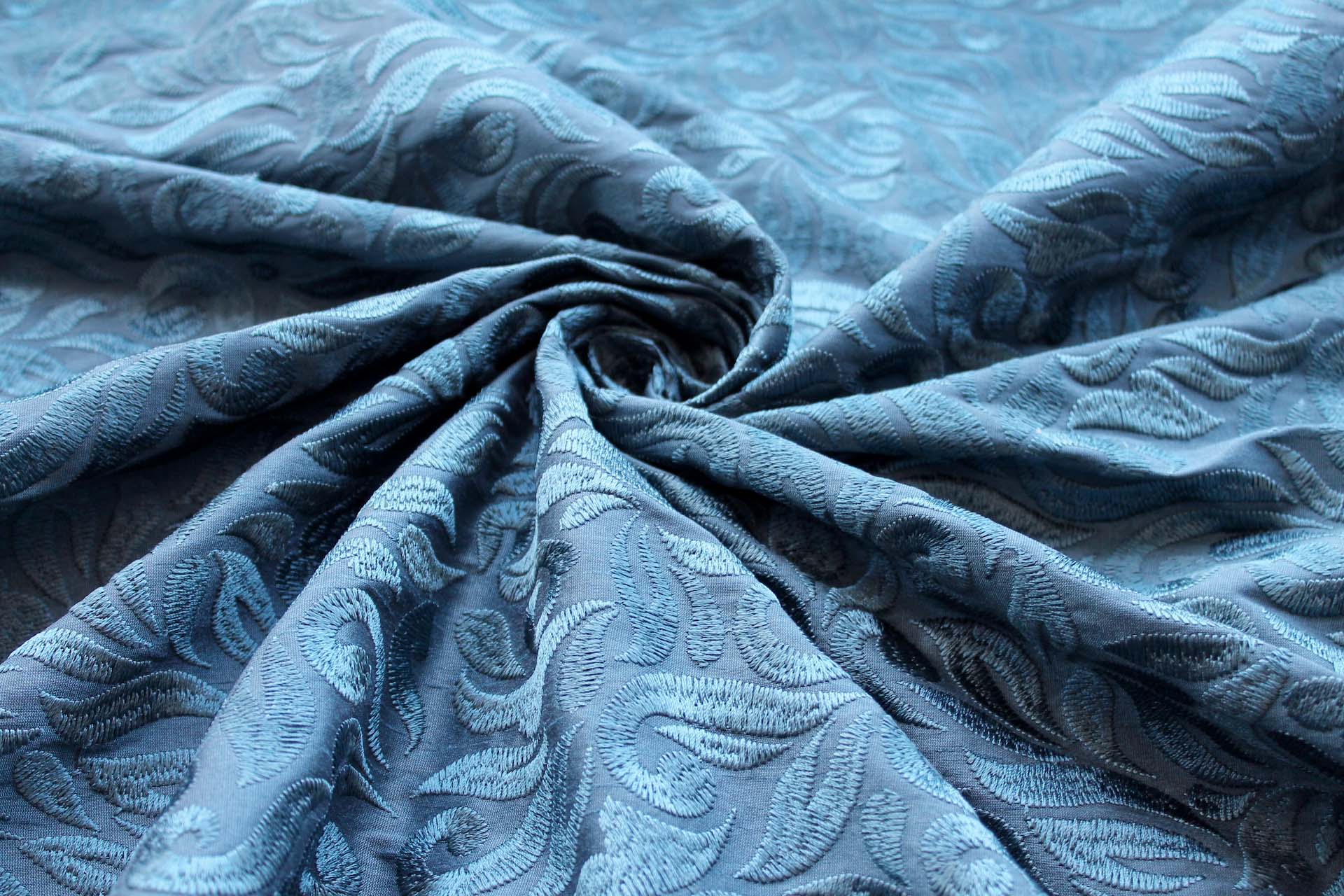 Large Swirly Embroidered Dupion - Teal on Teal fabric, image 8 of 9