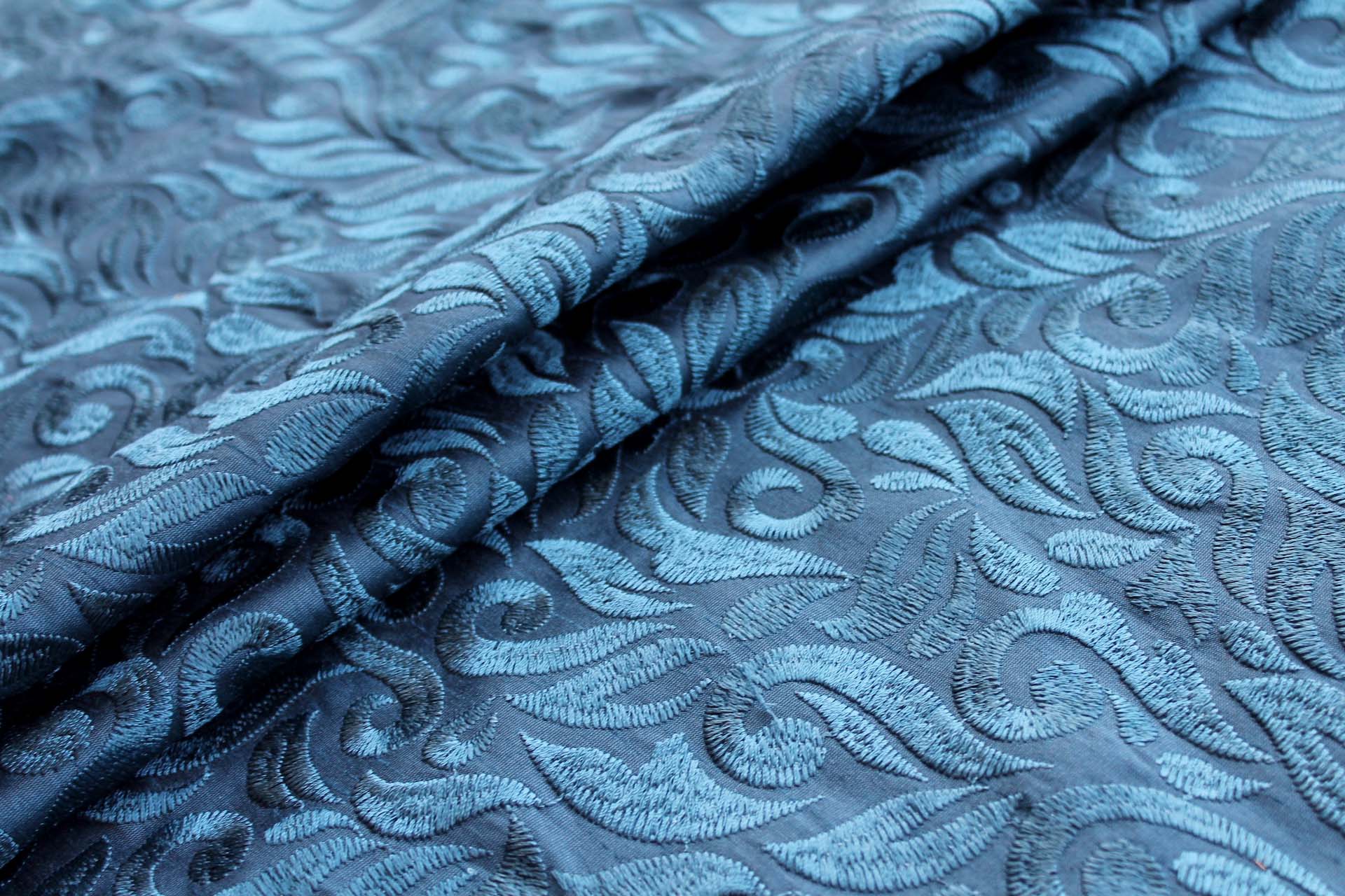 Large Swirly Embroidered Dupion - Teal on Teal fabric, image 9 of 9