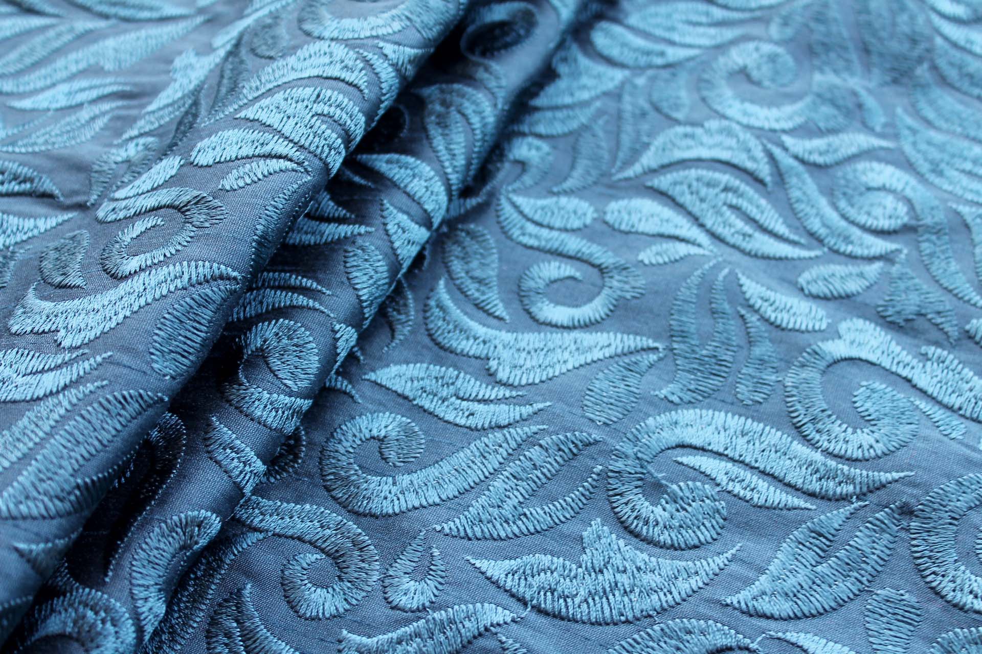Large Swirly Embroidered Dupion - Teal on Teal fabric